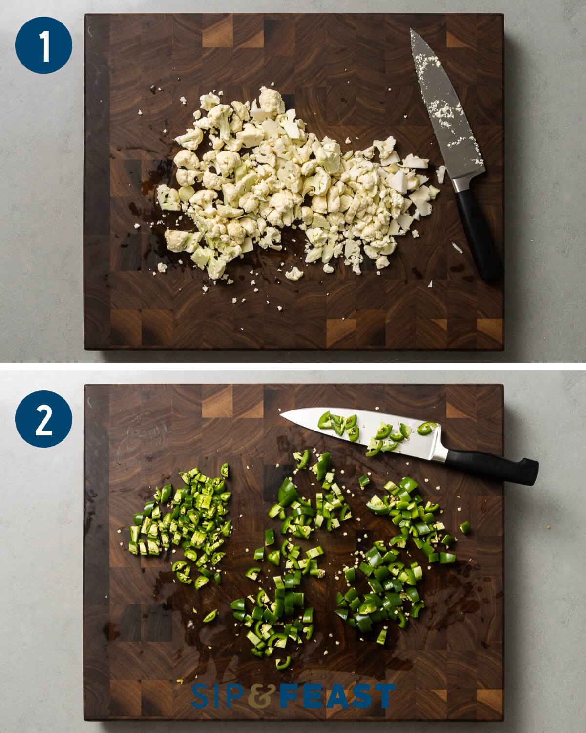 Giardiniera recipe process shot collage showing chopped cauliflower and chopped serano and jalapeno peppers.