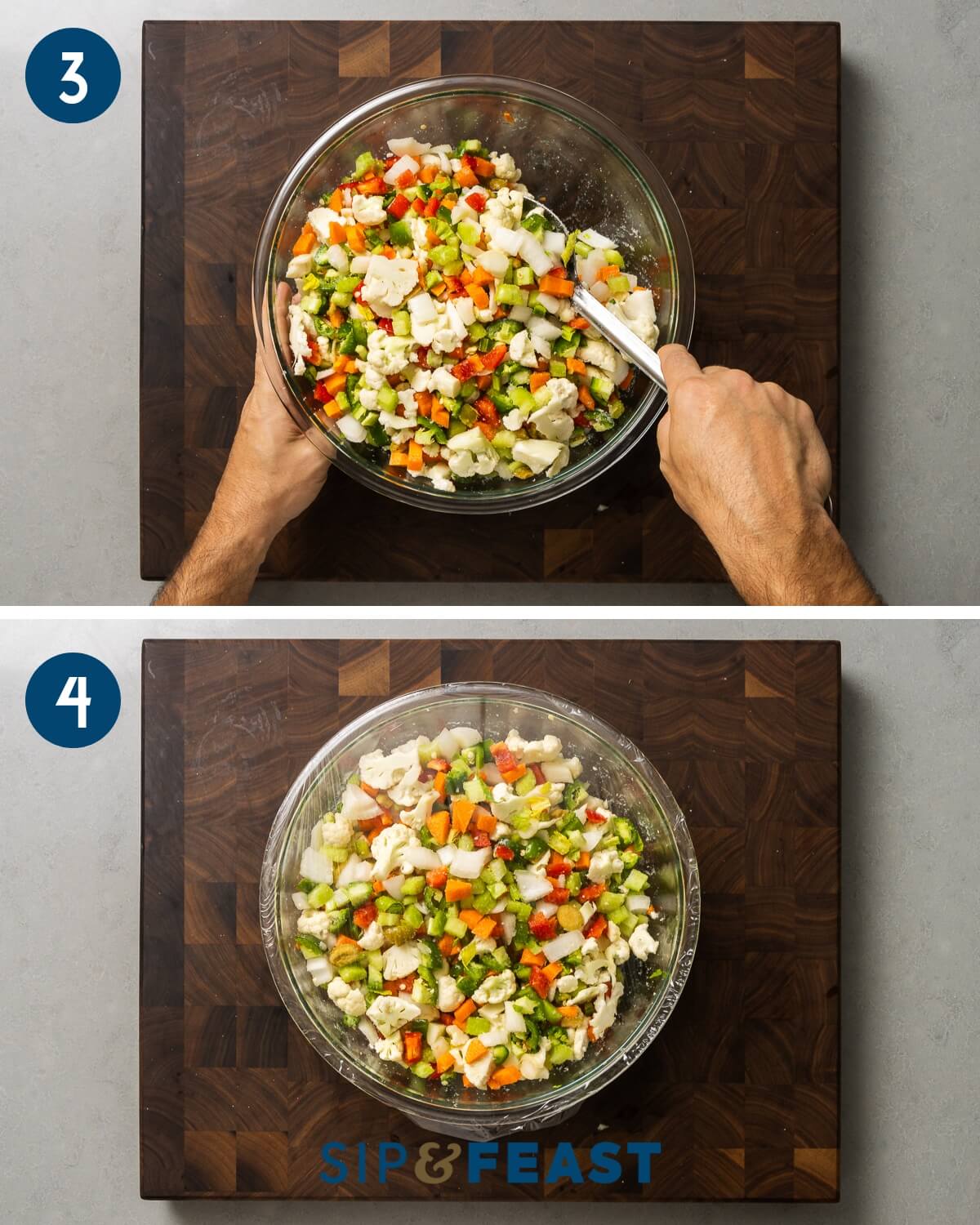 Process shot collage group two showing mixing chopped vegetables in bowl with salt and covering bowl with plastic wrap.