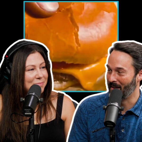Podcast 14 image of Jim and Tara with burger in background.