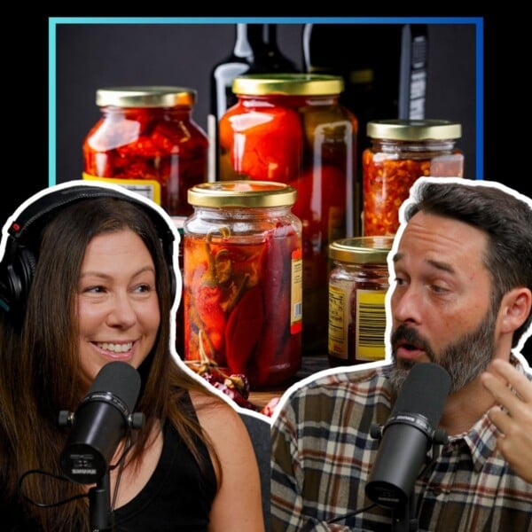 The Sip and Feast Podcast episode 15 featured image with Jim and Tara and jars of peppers.