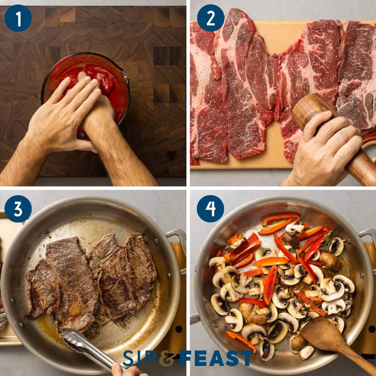 4 part steak pizzaiola process shot collage showing hand crushing tomatoes, seasoning the steaks, searing the steaks, and sauteeing the mushrooms and peppers.