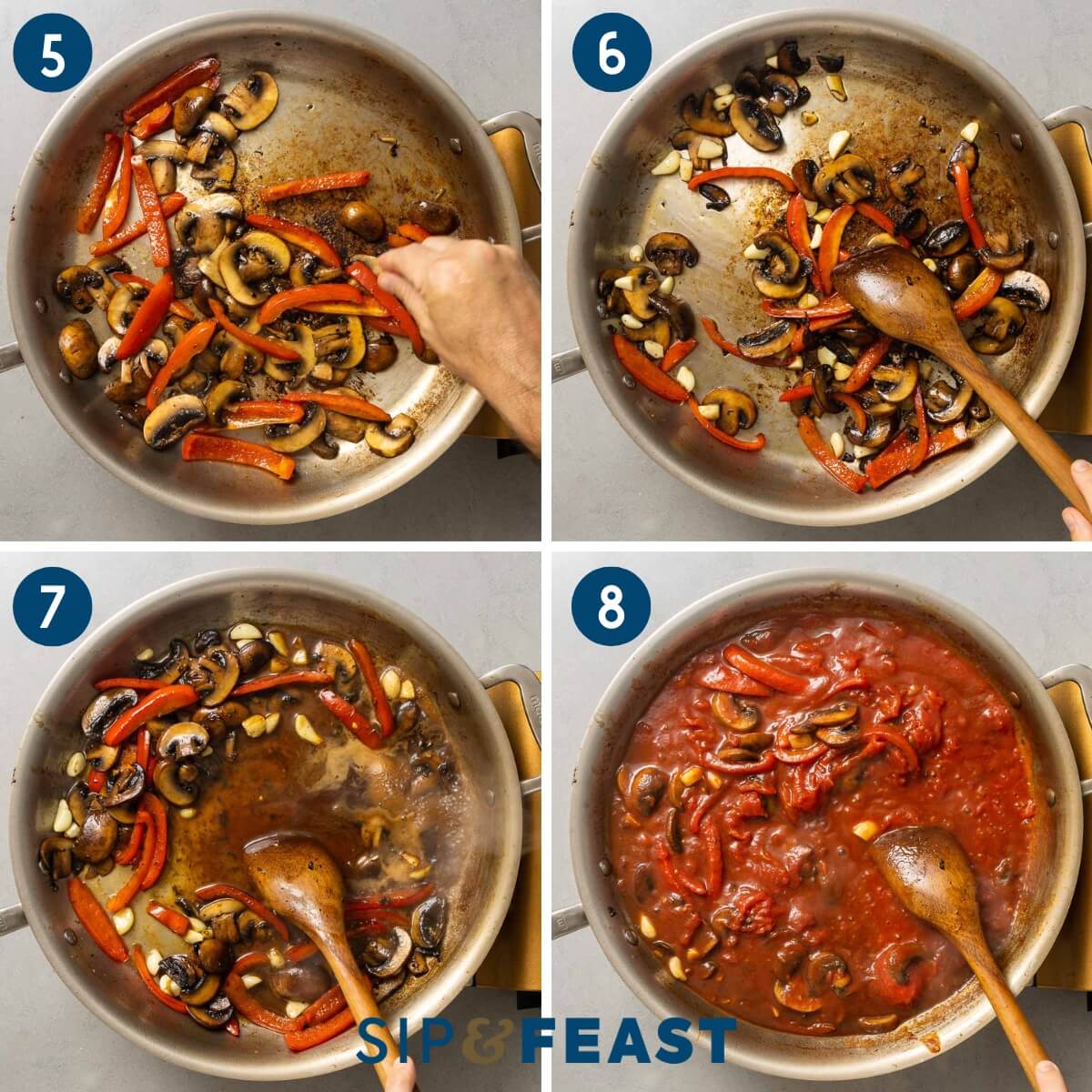 Process collage group number two showing seasoning the mushrooms, adding garlic, deglazing the pan, and simmering with plum tomatoes.