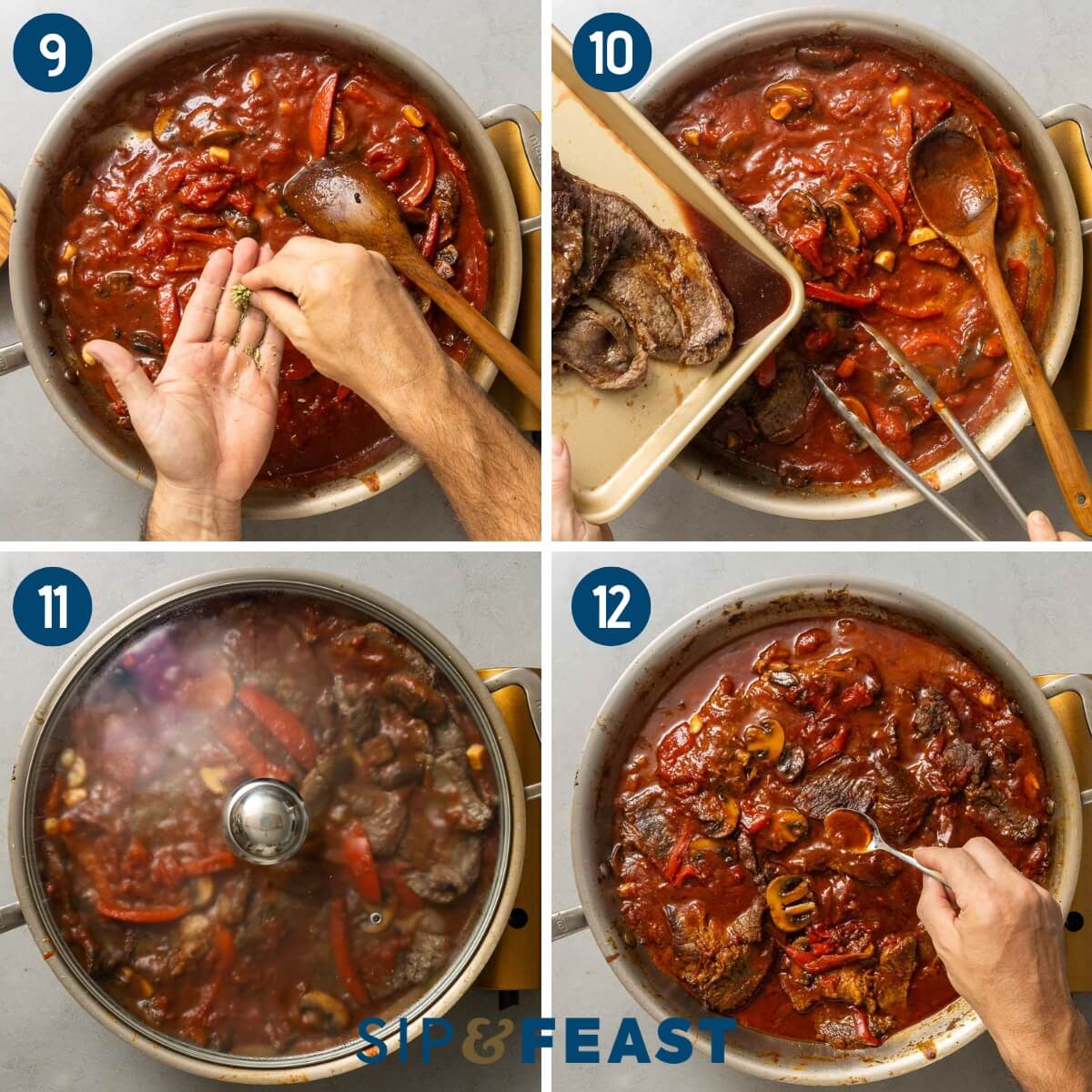 Process shot collage group three showing seasoning with oregano, adding the chuck steaks to pan, simmering with covered lid, and testing the finished dish.