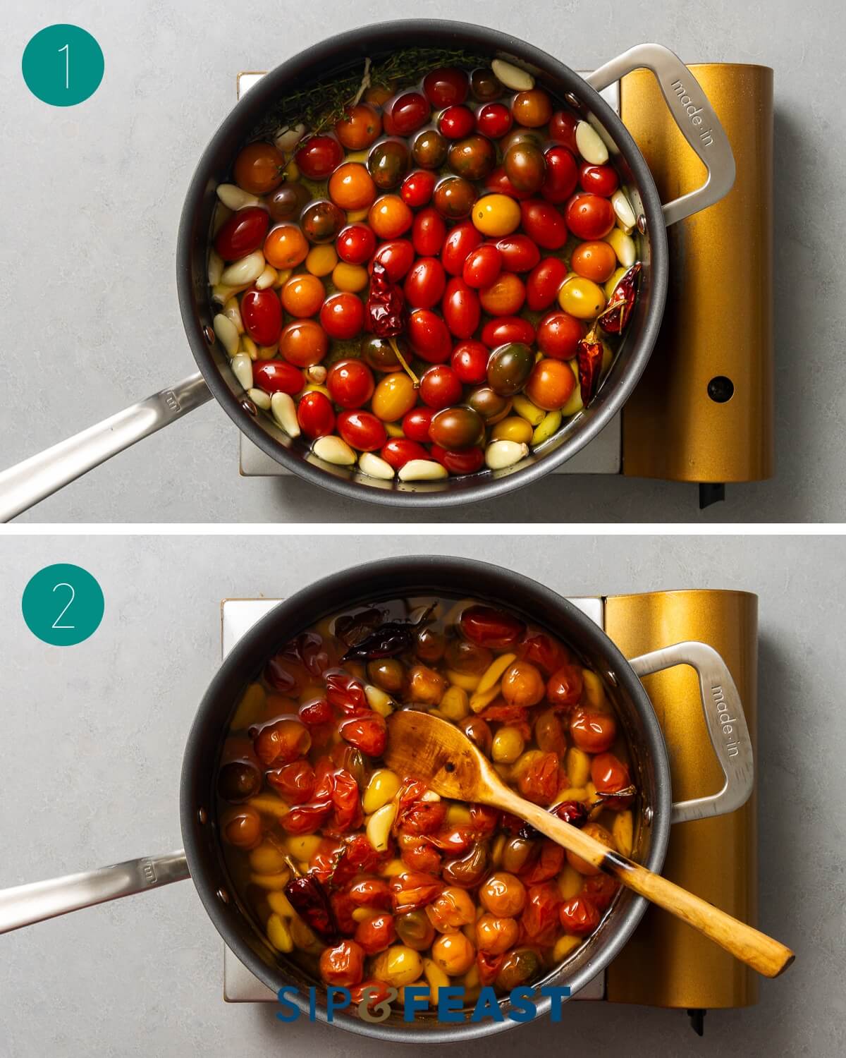Tomato garlic confit recipe process shot collage.