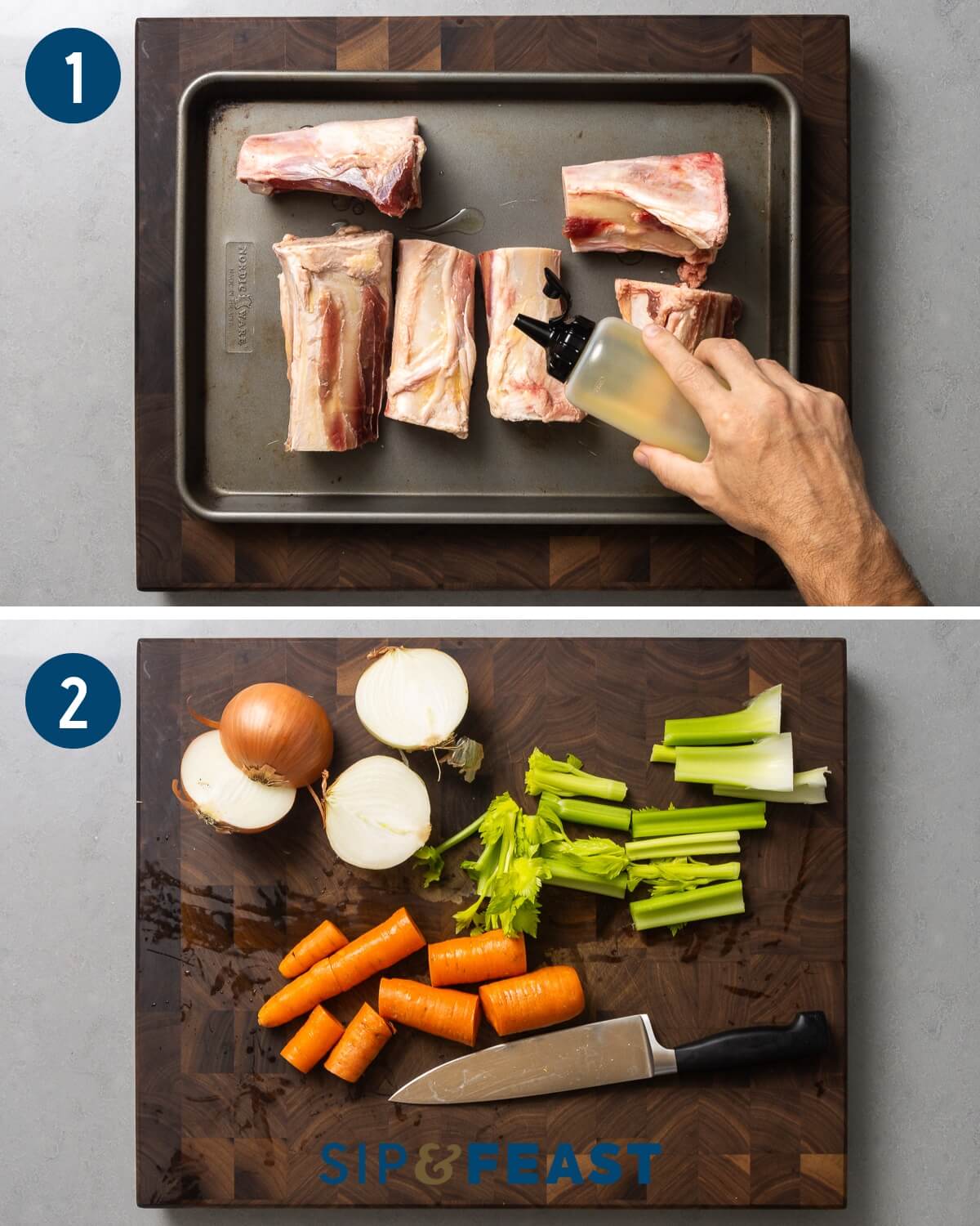 Beef stock recipe collage number one showing oiling beef bones on baking sheet and chopping of vegetables.