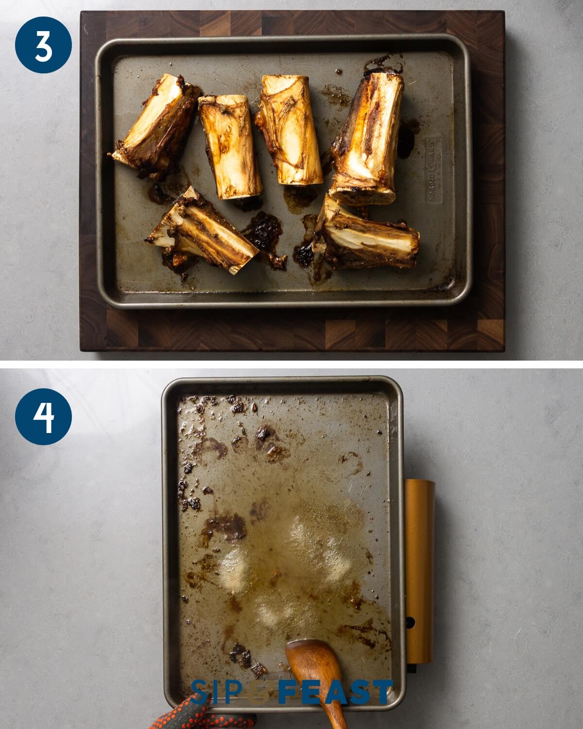 Recipe collage two showing roasted beef bones on baking sheet and deglazing baking sheet on top of burner.
