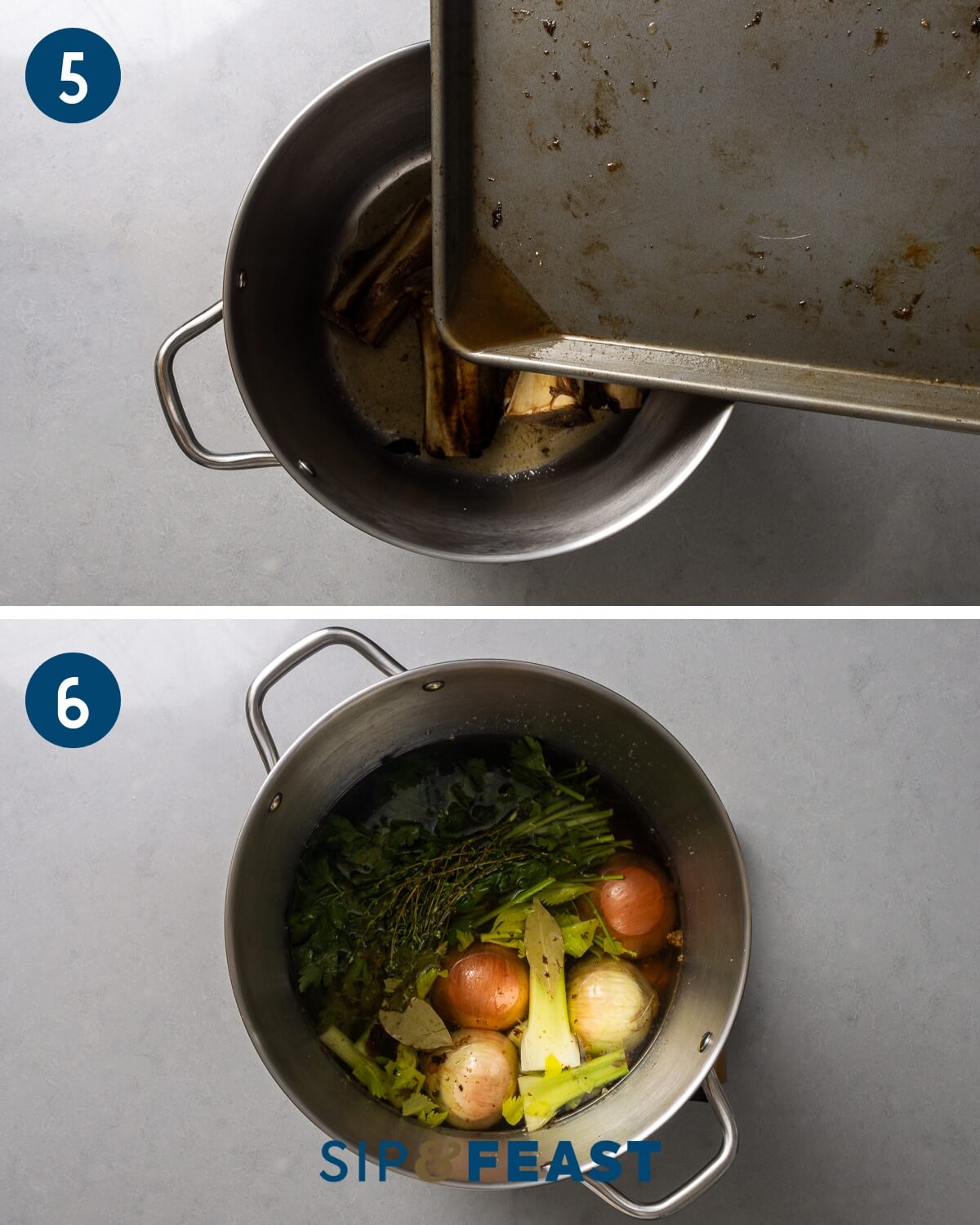 Recipe collage three showing pouring liquid into stockpot and stockpot filled with all ingredients.