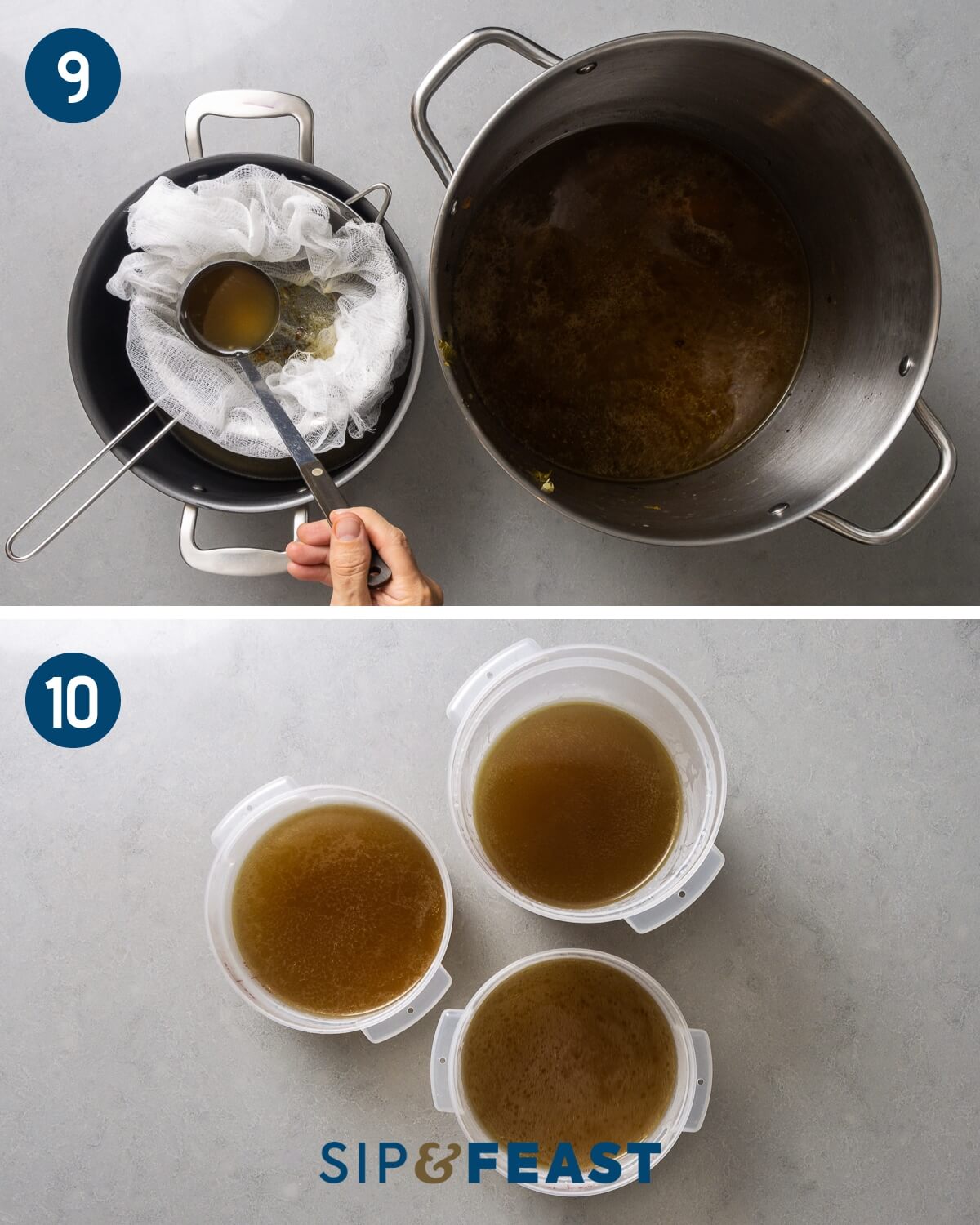 Collage number five showing pouring beef stock through strainer lined with cheesecloth and 3 large Cambro containers of beef stock.