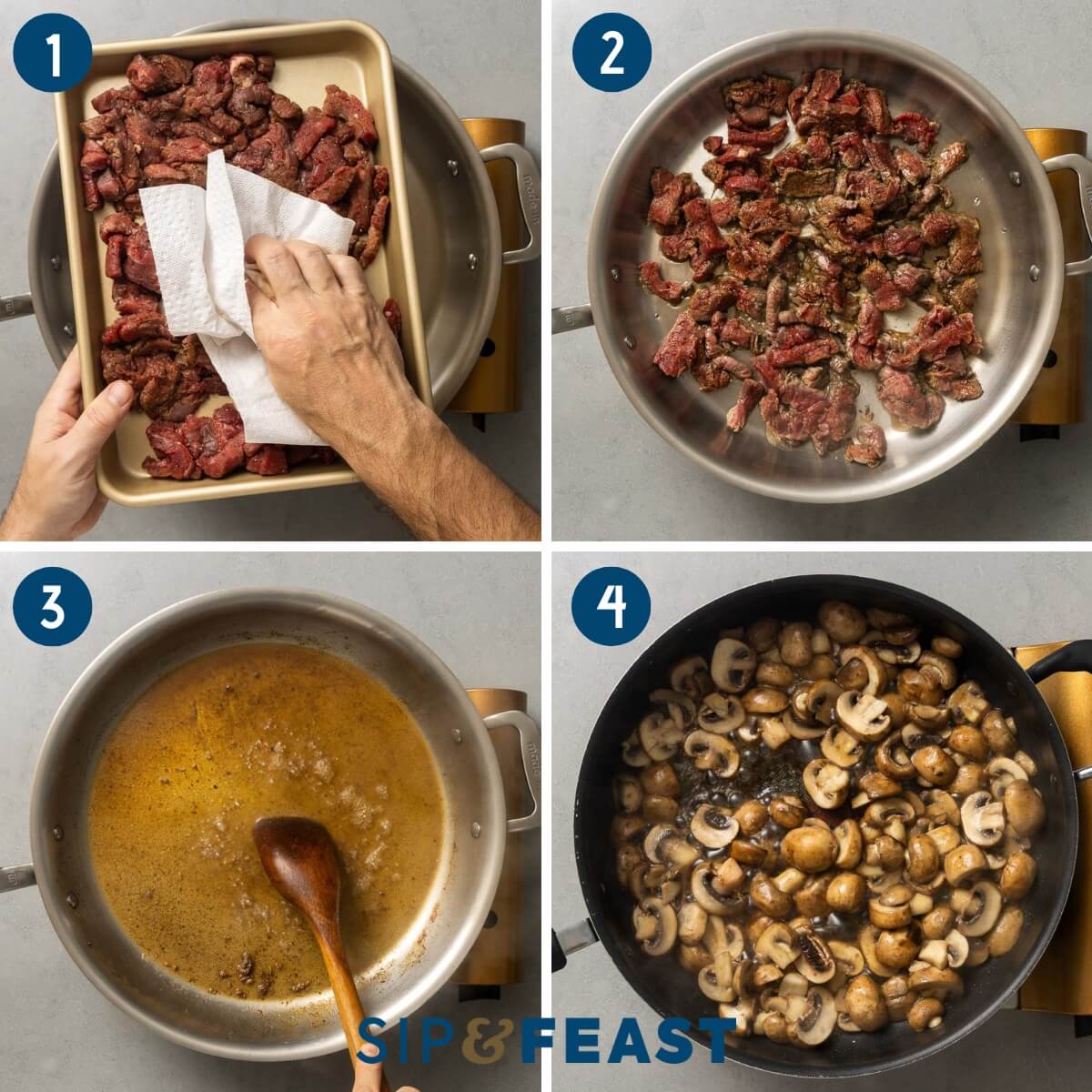 Four pic collage searing beef in large pan, deglazing pan, and sauteing mushrooms.