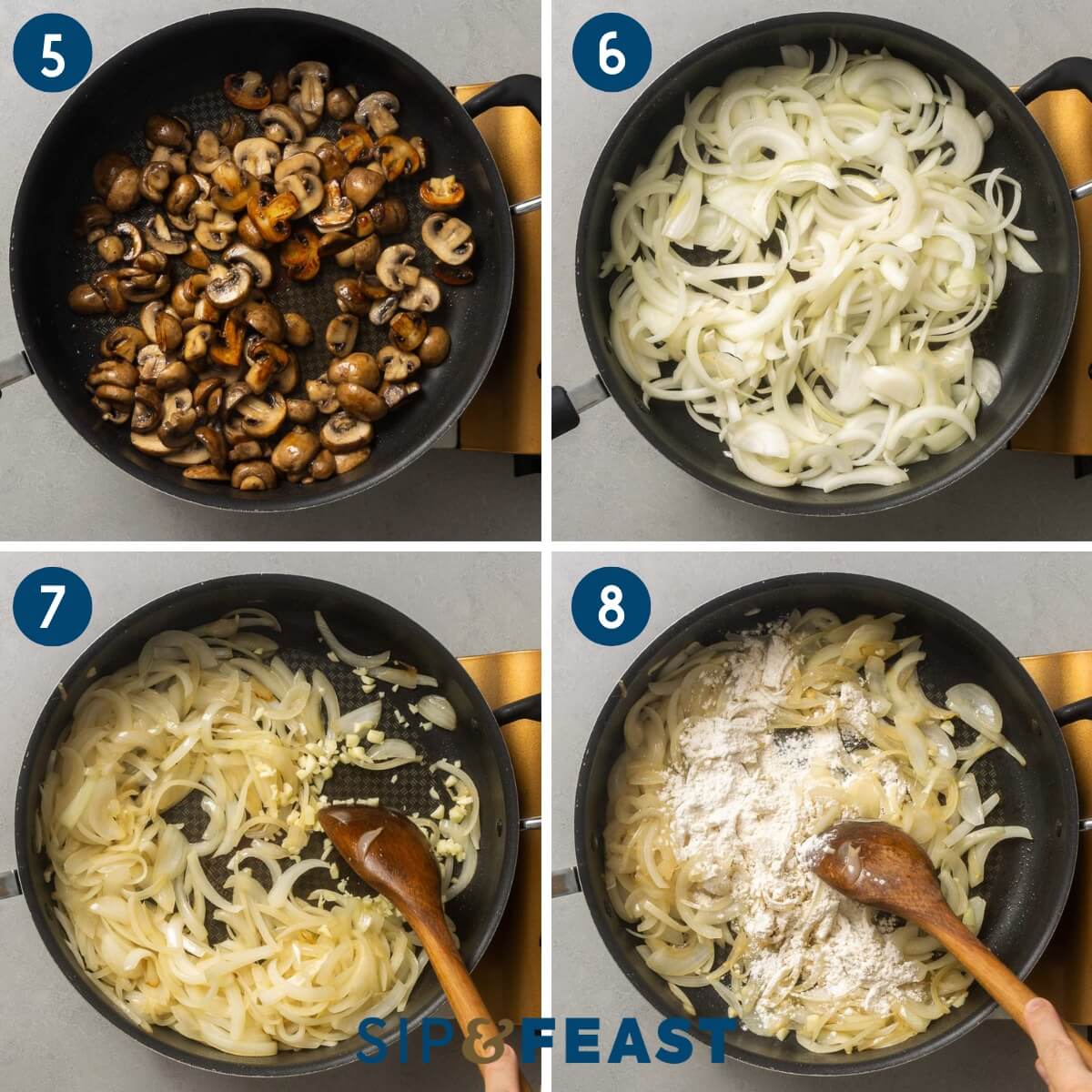 Recipe collage number two showing browning mushrooms, sauteing onions and garlic, and adding flour to the pan.