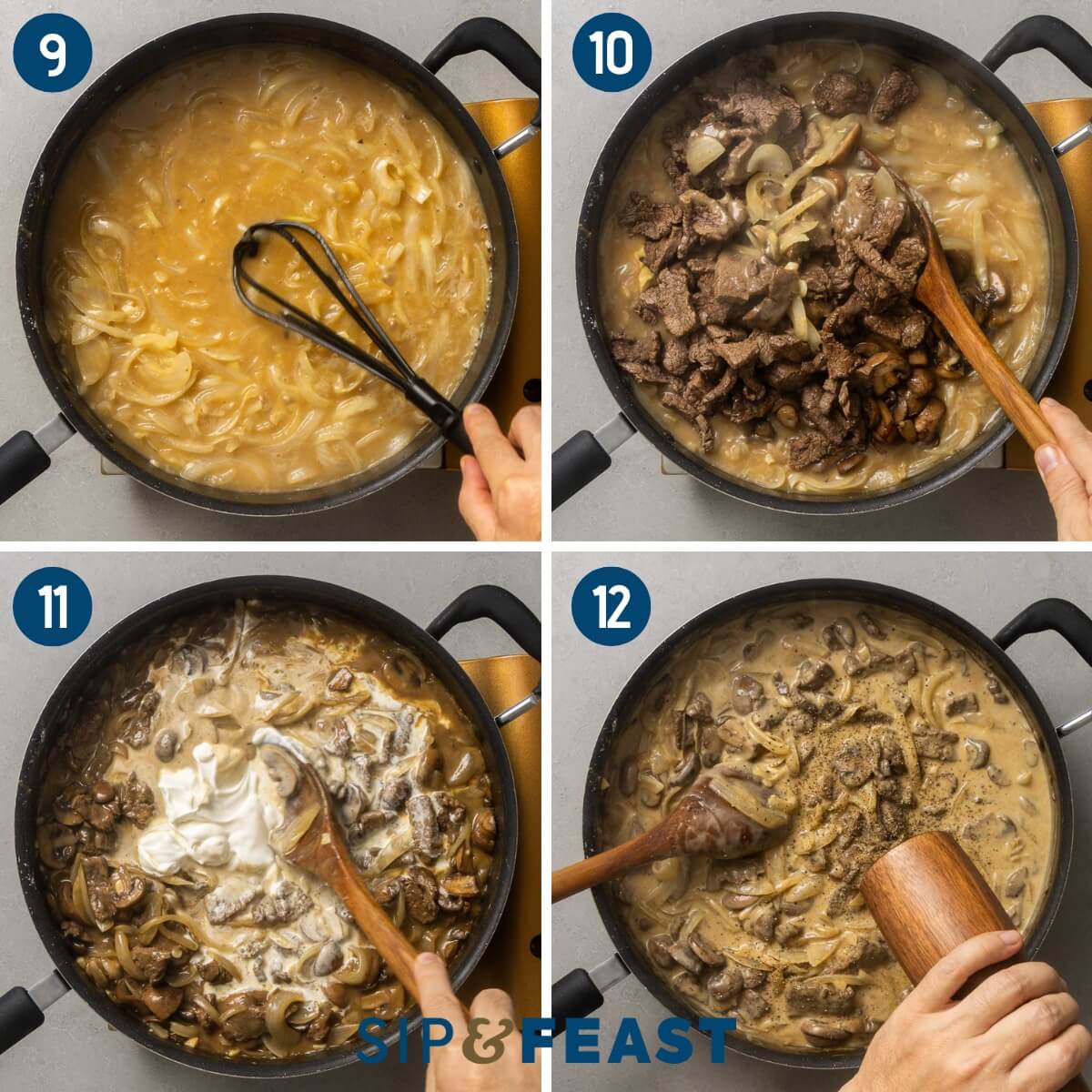 Recipe collage number three showing whisking in beef stock, and simmering stroganoff sauce with sour cream.