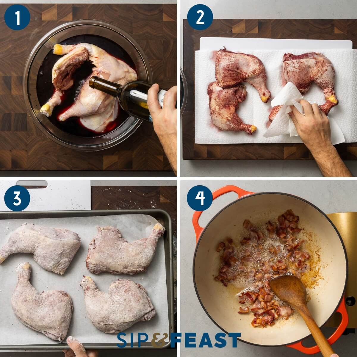 Coq au vin recipe process collage number one showing marinating chicken in red wine, flouring the chicken, and sauteing bacon.