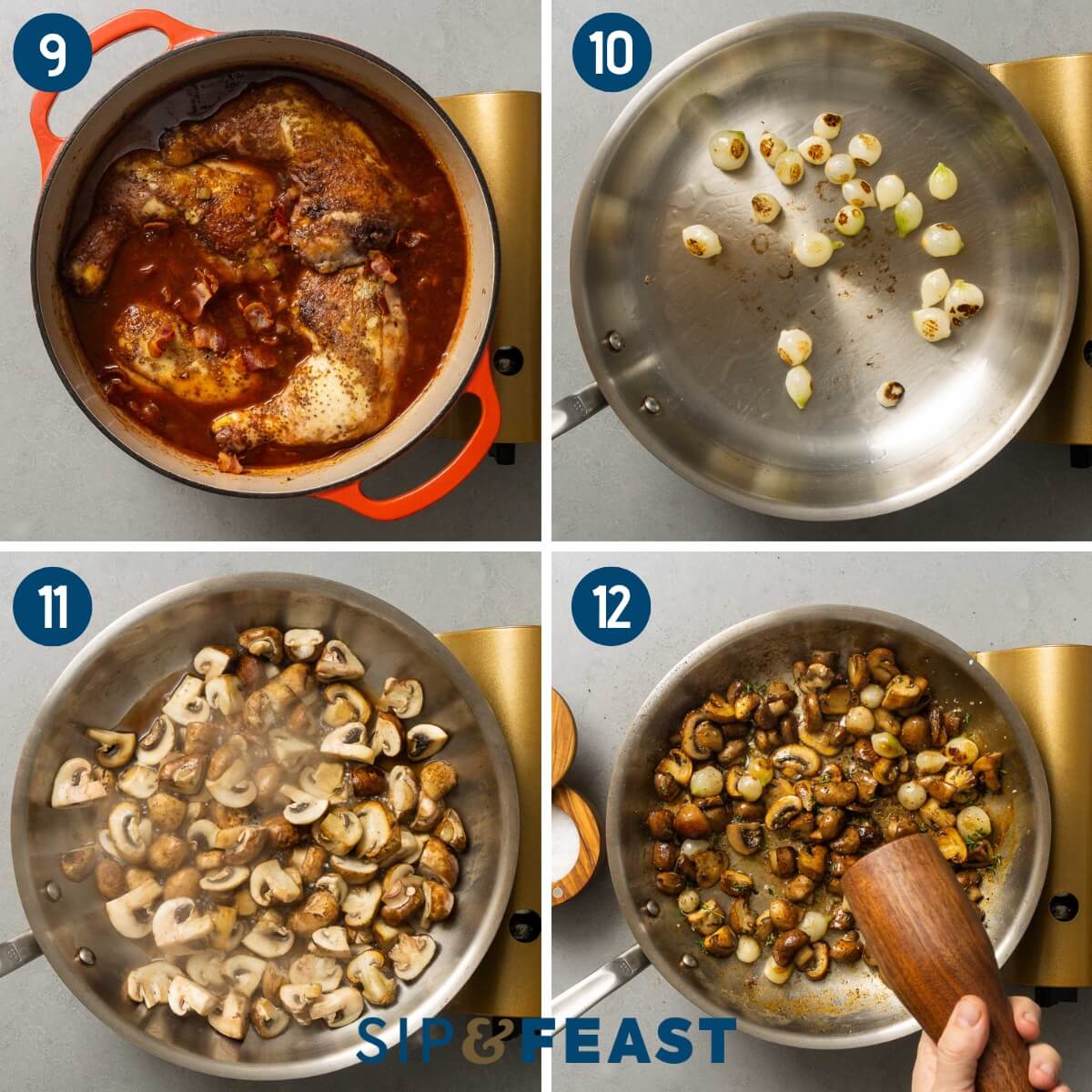 Recipe collage three showing adding chicken to Dutch oven with red wine, sauteing pearl onions, and sauteing mushrooms with butter.