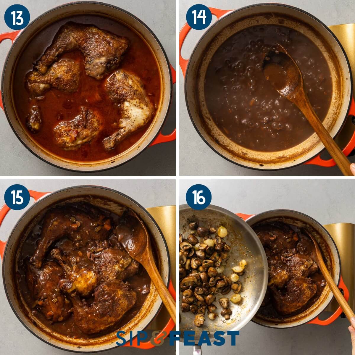 Recipe collage four showing chicken after braising, reducing sauce, adding chicken back to reduced sauce, and adding sauteed mushrooms to the pot.