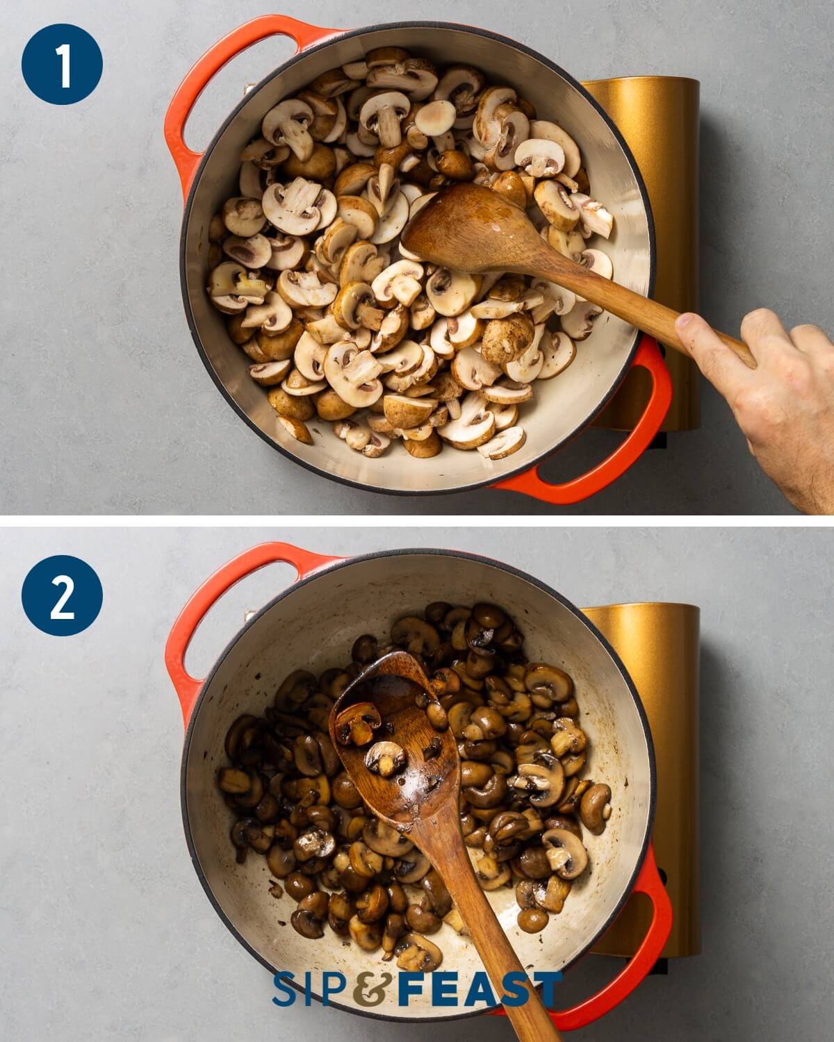 Creamy mushroom soup recipe collage group one showing sauteing of mushrooms.