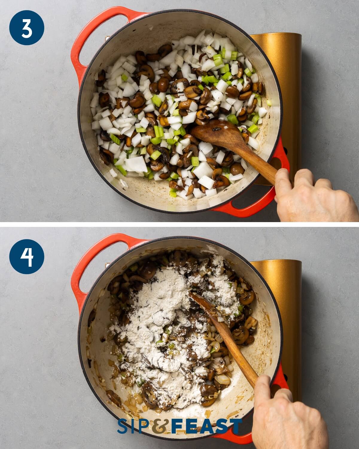 Recipe collage group two showing adding onions and celery to the pot and then adding flour.