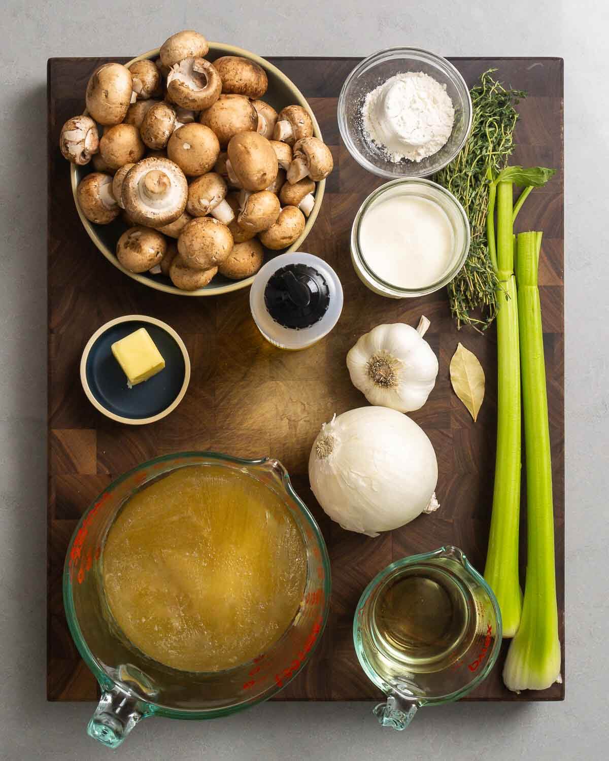Ingredients shown: mushrooms, flour, cream, olive oil, thyme, celery, garlic, bay leaves, butter, onion, chicken stock, and white wine.