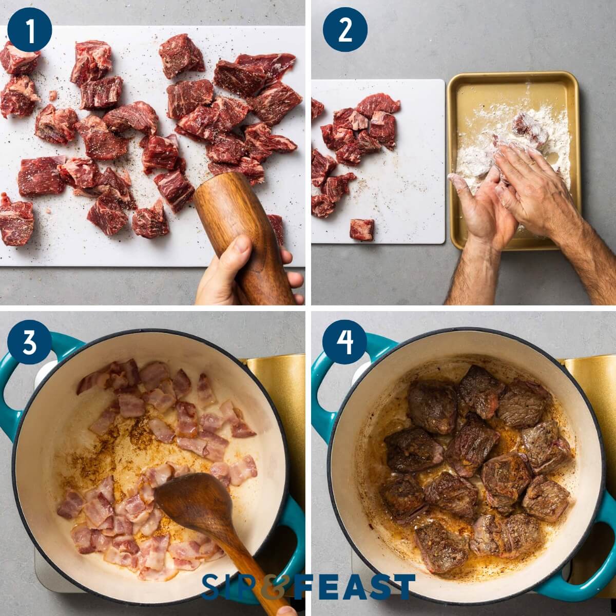 Hungarian goulash process shot collage group one showing seasoning of beef and dredging in flour along with cooking bacon and beef in Dutch oven.