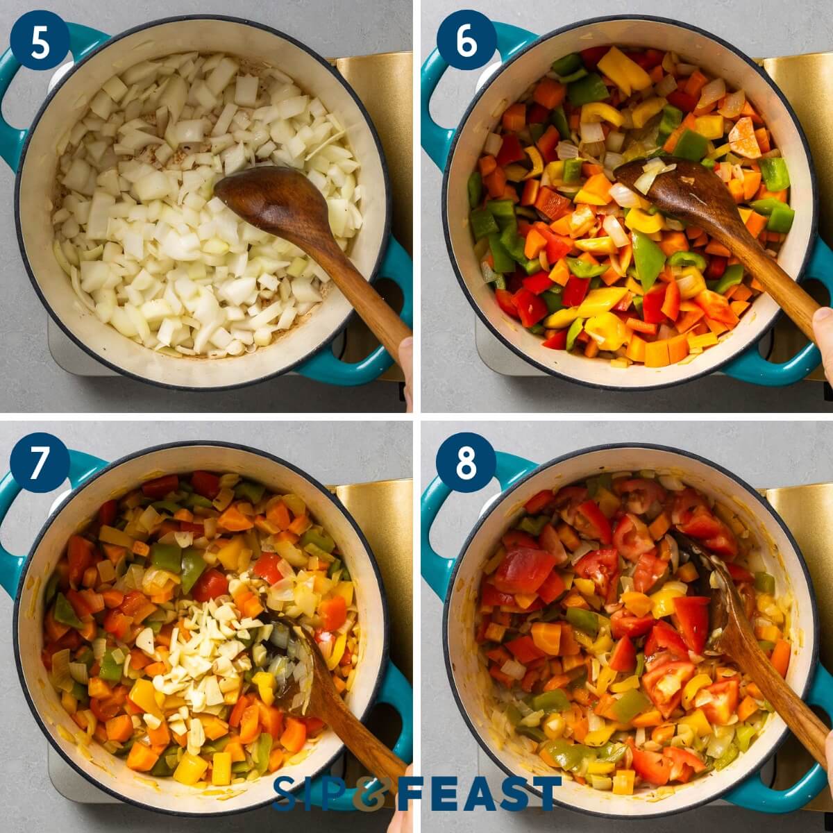 Recipe collage group two showing sauteing of onions, then adding peppers, carrots, and garlic, and finally adding in caraway seeds and plum tomatoes.