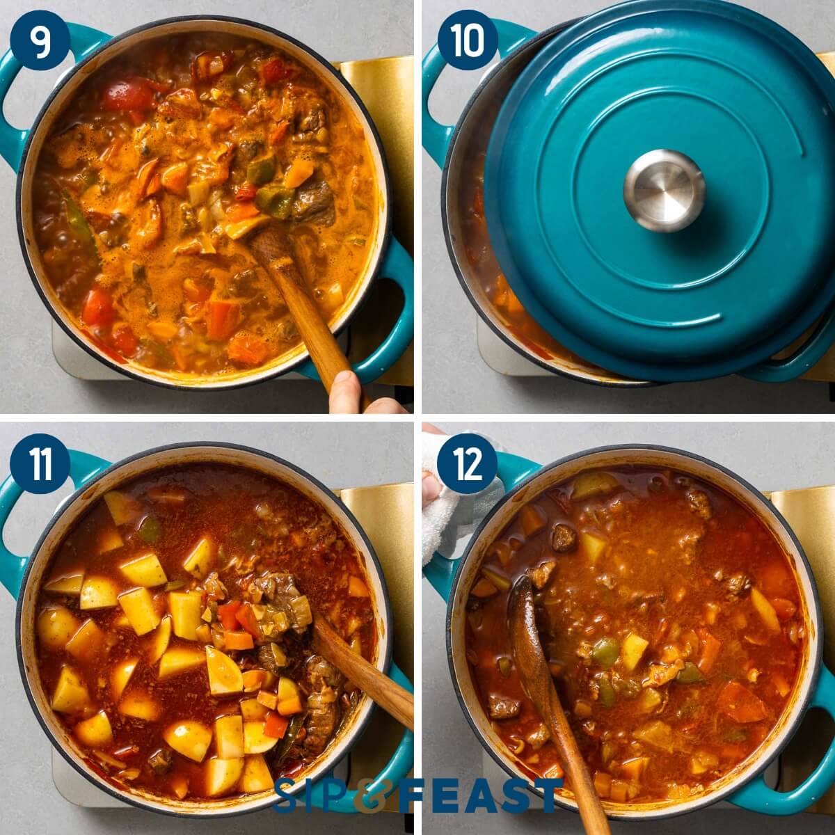 Recipe collage group three showing simmering pot of goulash along with adding potatoes in and using wooden spoon to mash some of the potatoes against the side of the pot.
