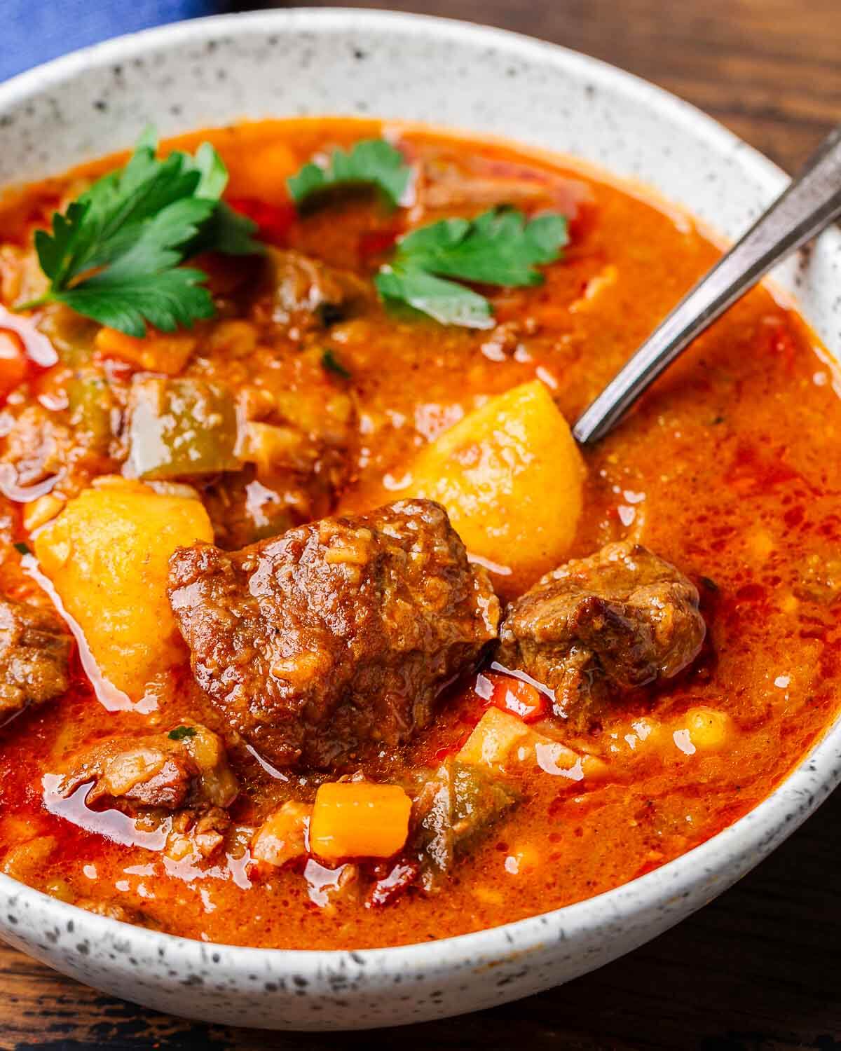 Bowl of Hungarian goulash with large piece of beef in center of bowl.