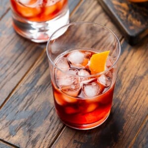 Featured image showing a Negroni cocktail on wood table.