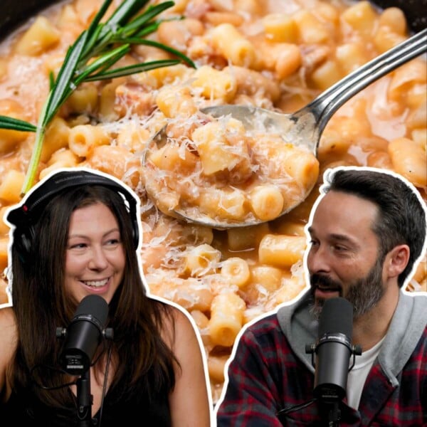 Podcast 18 featured image of Jim and Tara with bowl of pasta fagioli in the background.