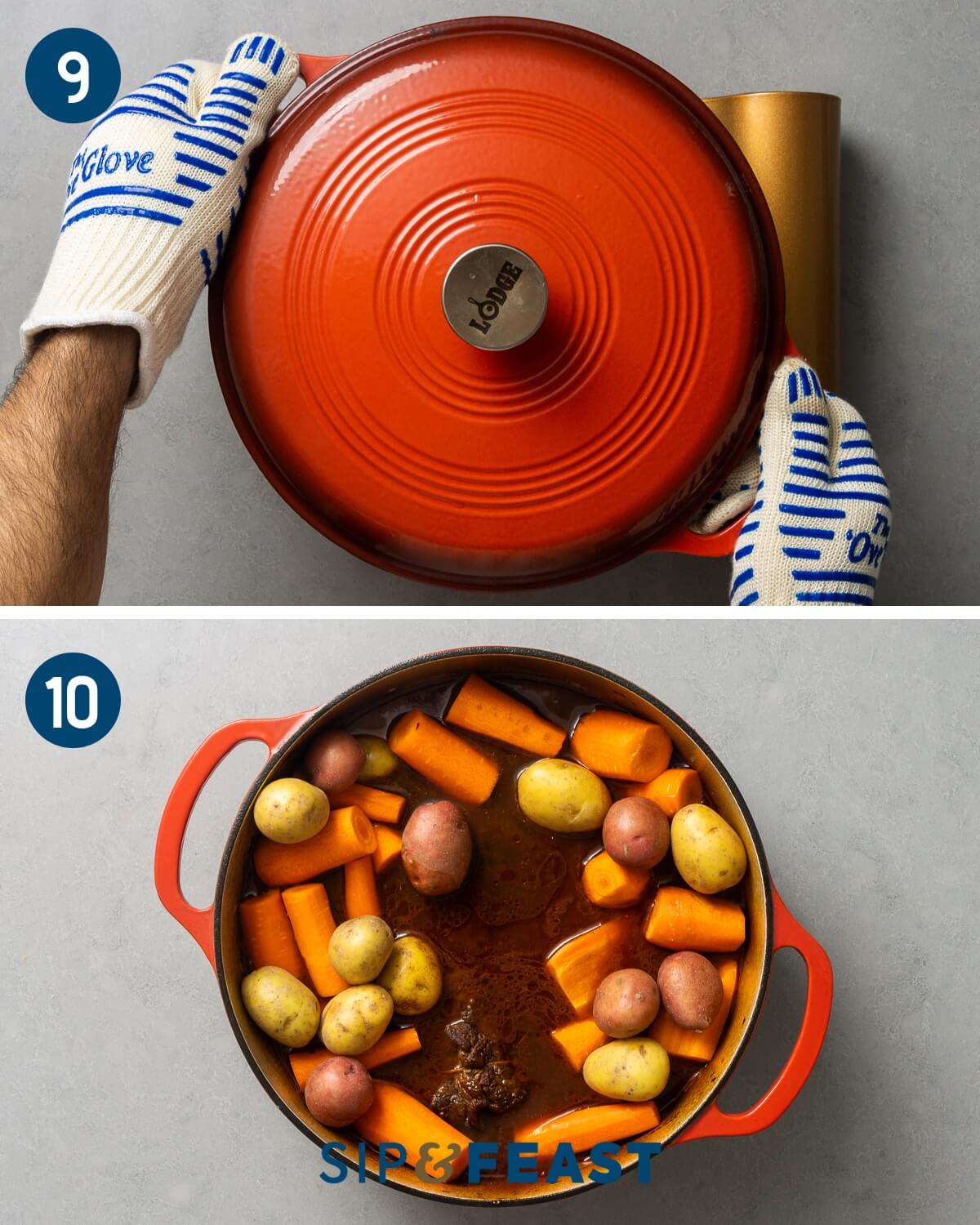 Recipe collage group five showing covering Dutch oven lid and grabbing with gloves and also adding potatoes and carrots to pot.
