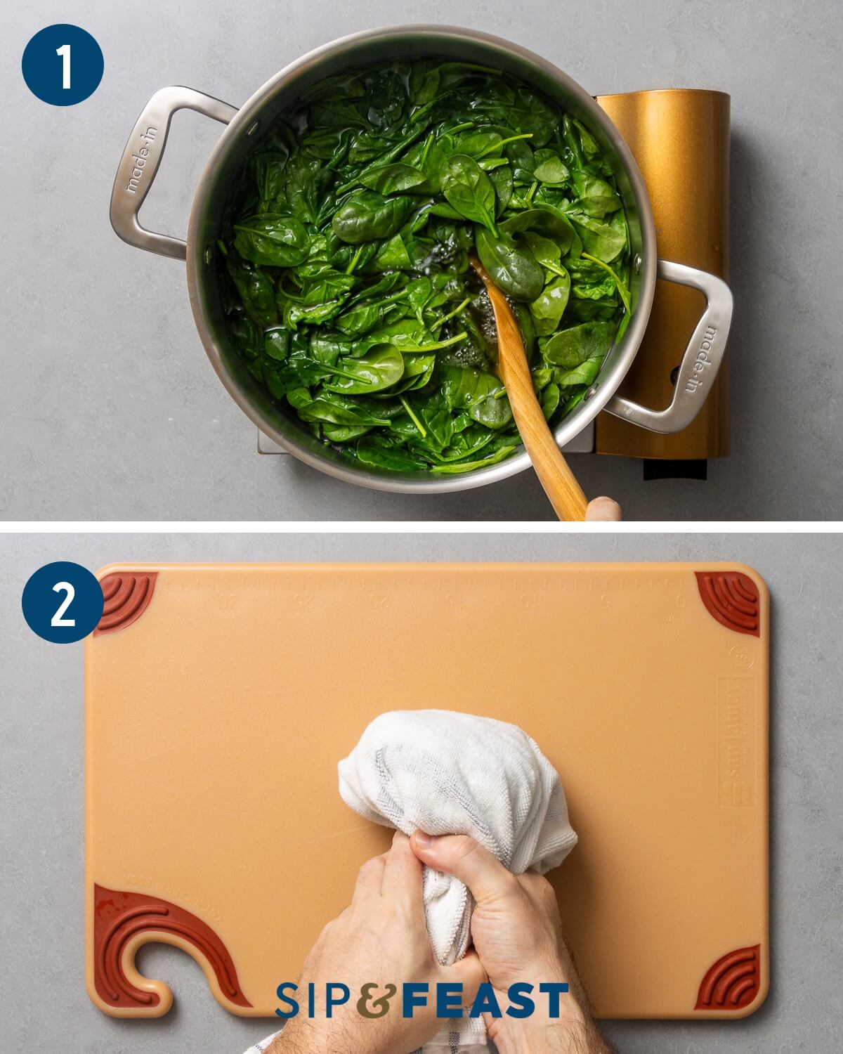 Creamed spinach recipe process collage group one showing boiling of spinach and squeezing out excess water.