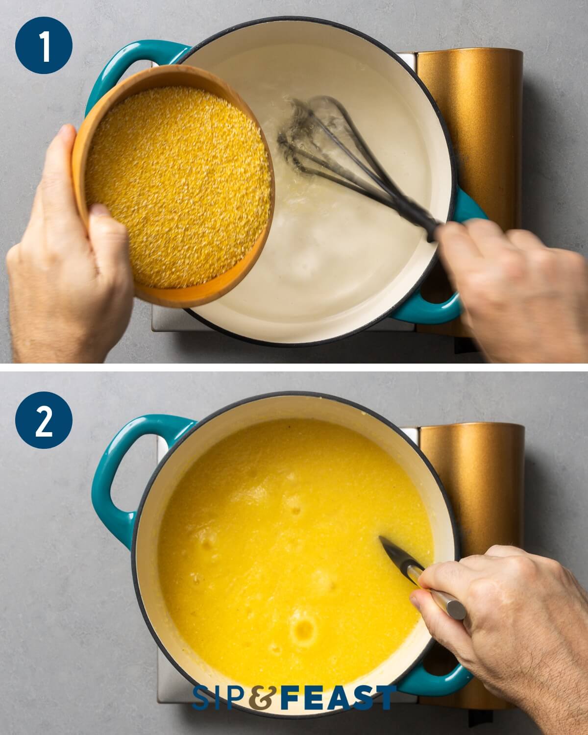 Creamy polenta recipe collage number one showing whisking of polenta into boiling water and stirring polenta in Dutch oven.