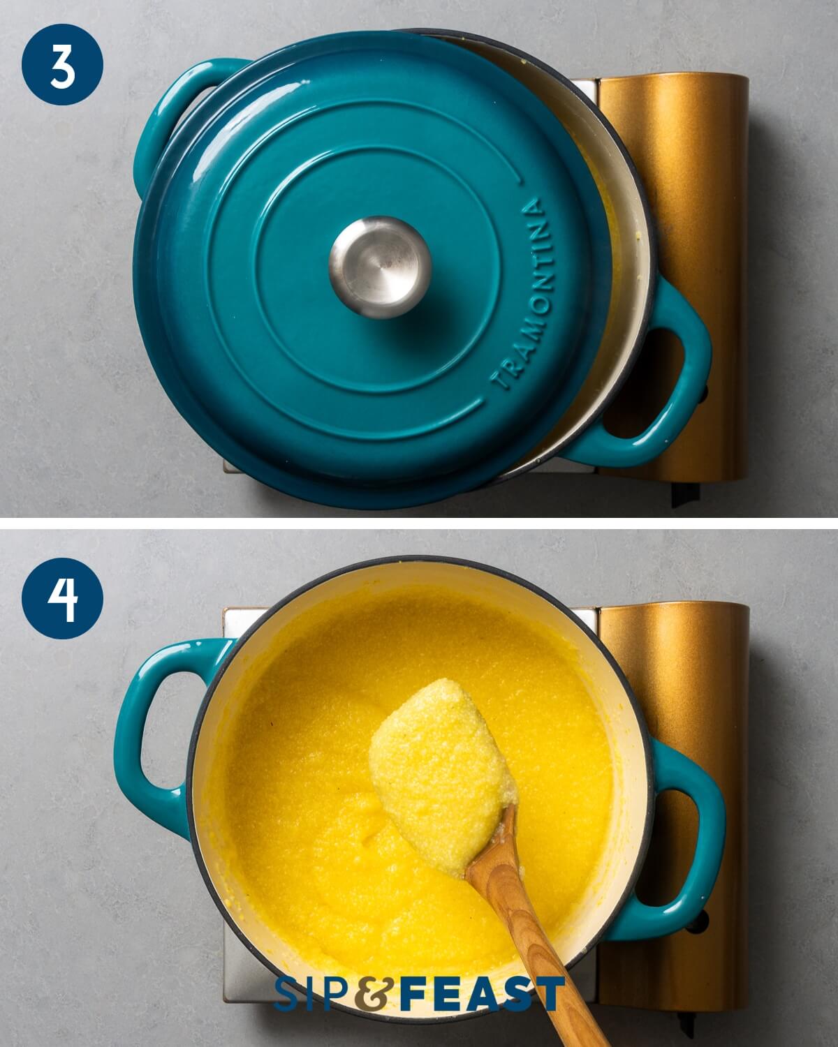 Recipe collage two showing covering pot with lid and consistency of polenta.
