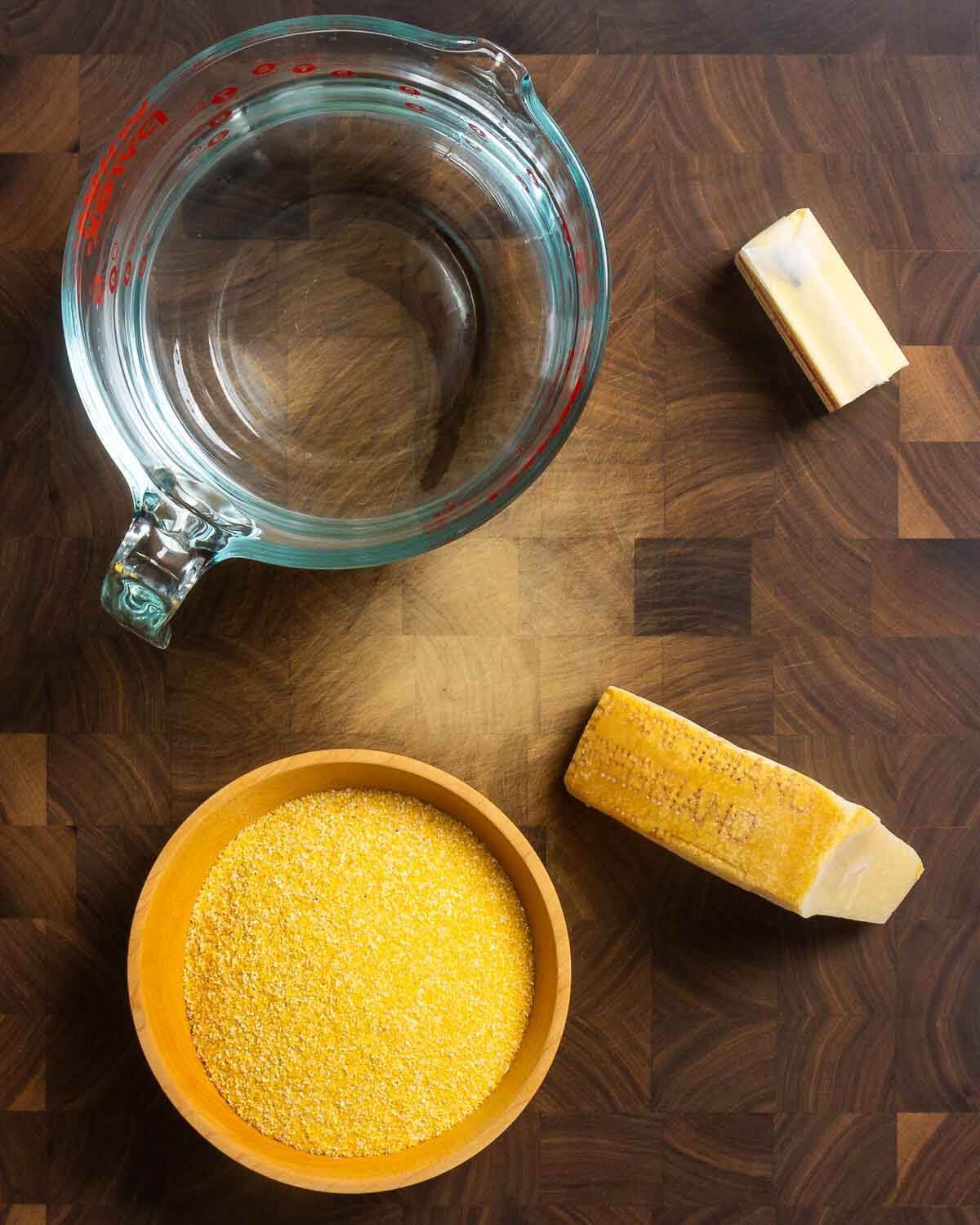 Ingredients shown: water, butter, Parmigiano Reggiano, and polenta.