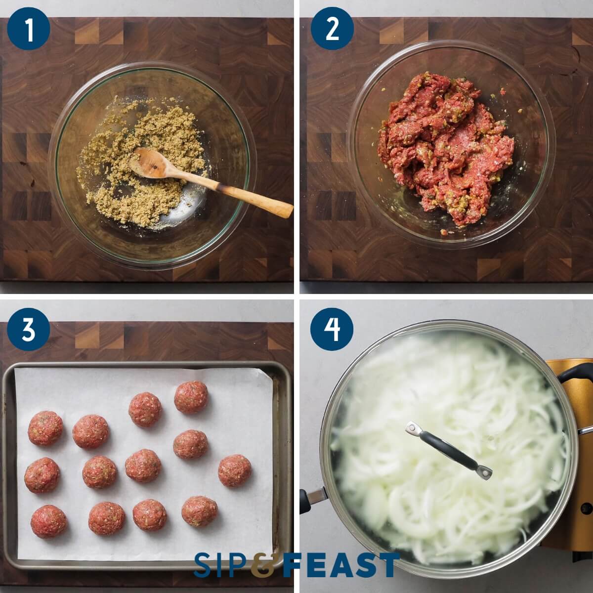 French onion meatballs recipe collage number one showing mixing of meatballs in glass bowl and sauteing onions in large pan.