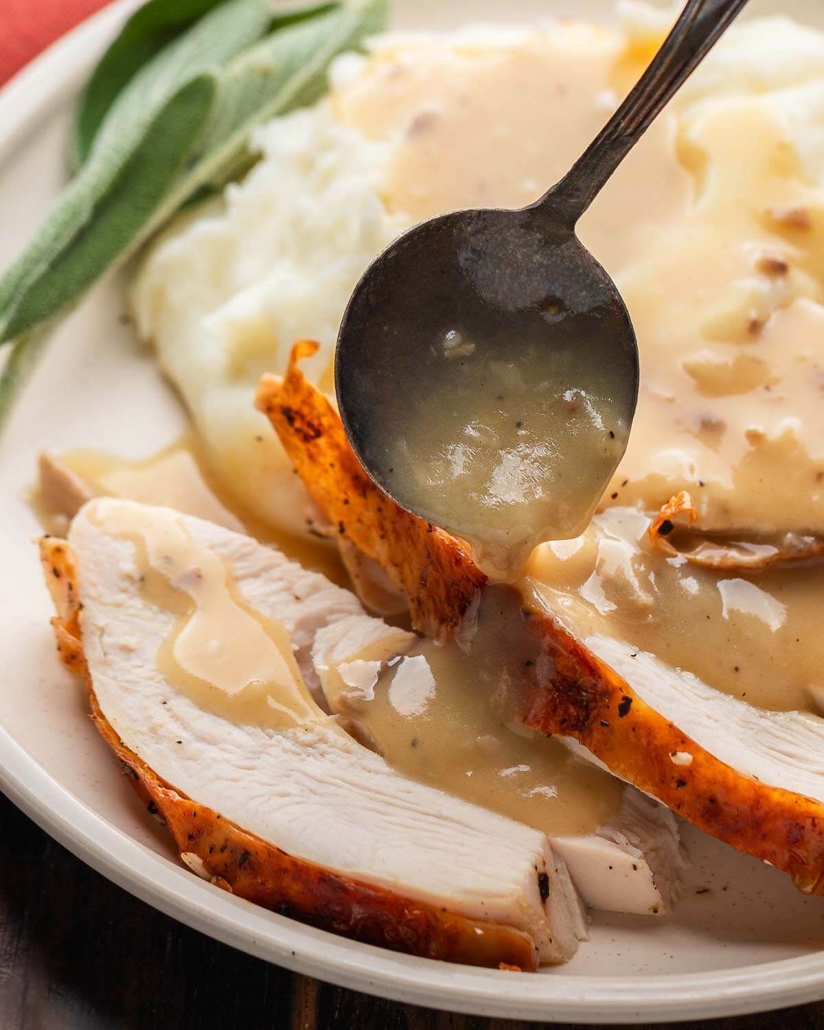 Giblet gravy ladled over turkey and mashed potatoes in white plate.