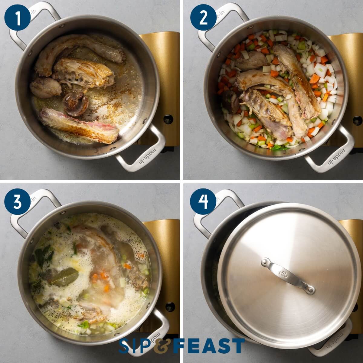 Giblet gravy recipe collage number one showing browning of giblets in pot, sauteing of vegetables, and bringing pot to boil.