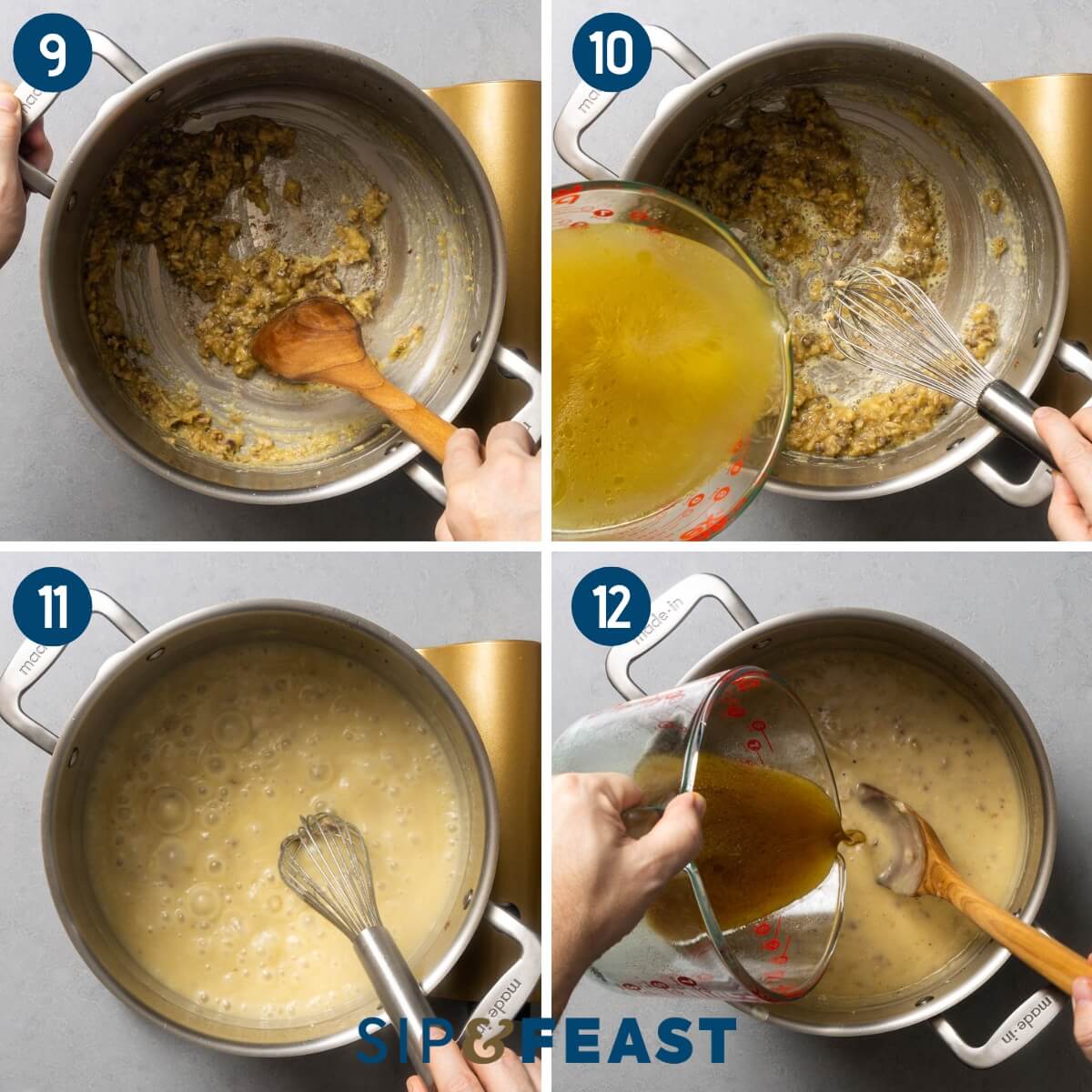 Recipe collage number three showing browning of flour in pot, whiskin in turkey stock, bringing gravy to boil, and pouring in roast turkey pan drippings.