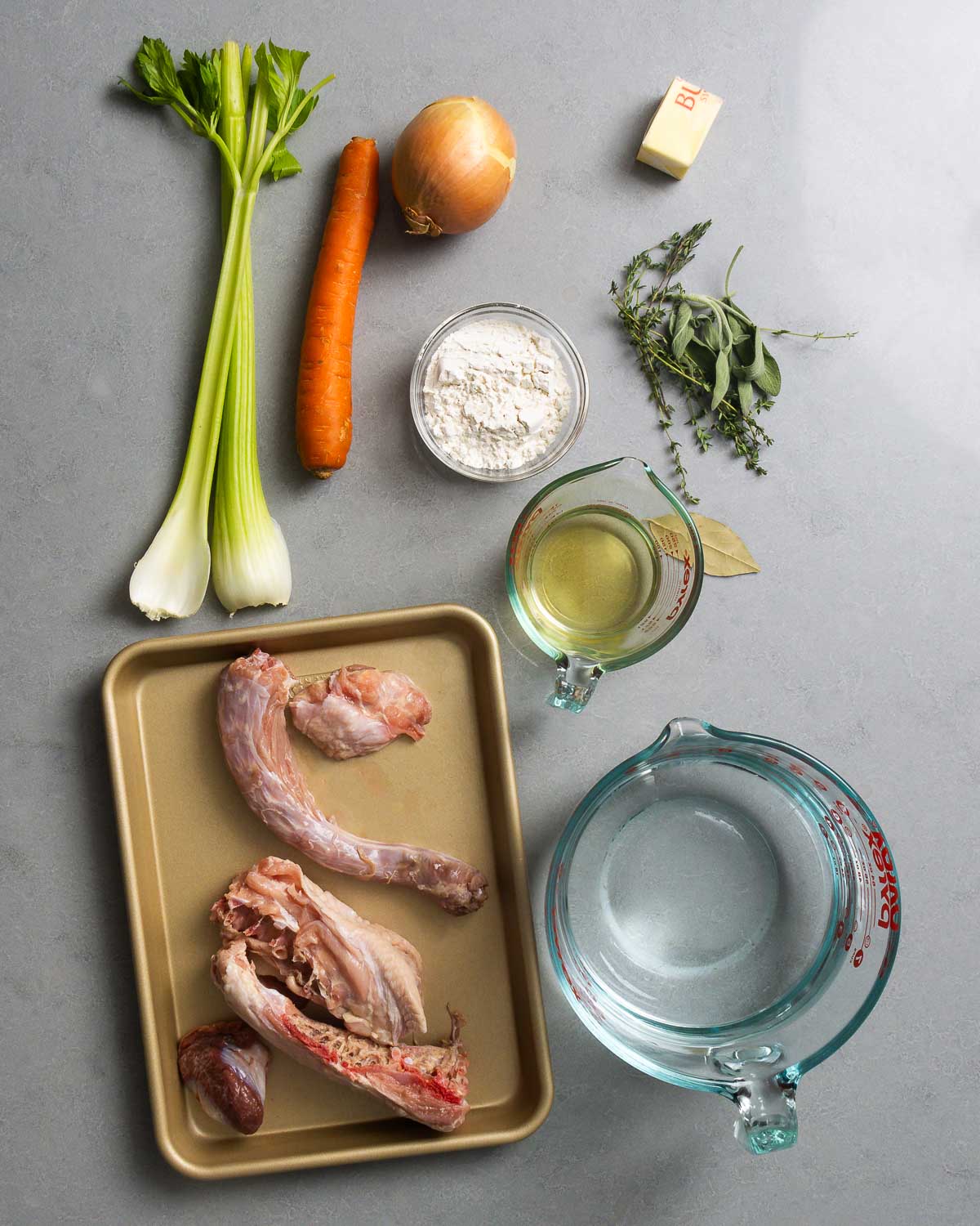 Ingredients shown: celery, carrot, onion, flour, butter, thyme, sage, bay leaf, white wine, turkey parts and giblets, and water.