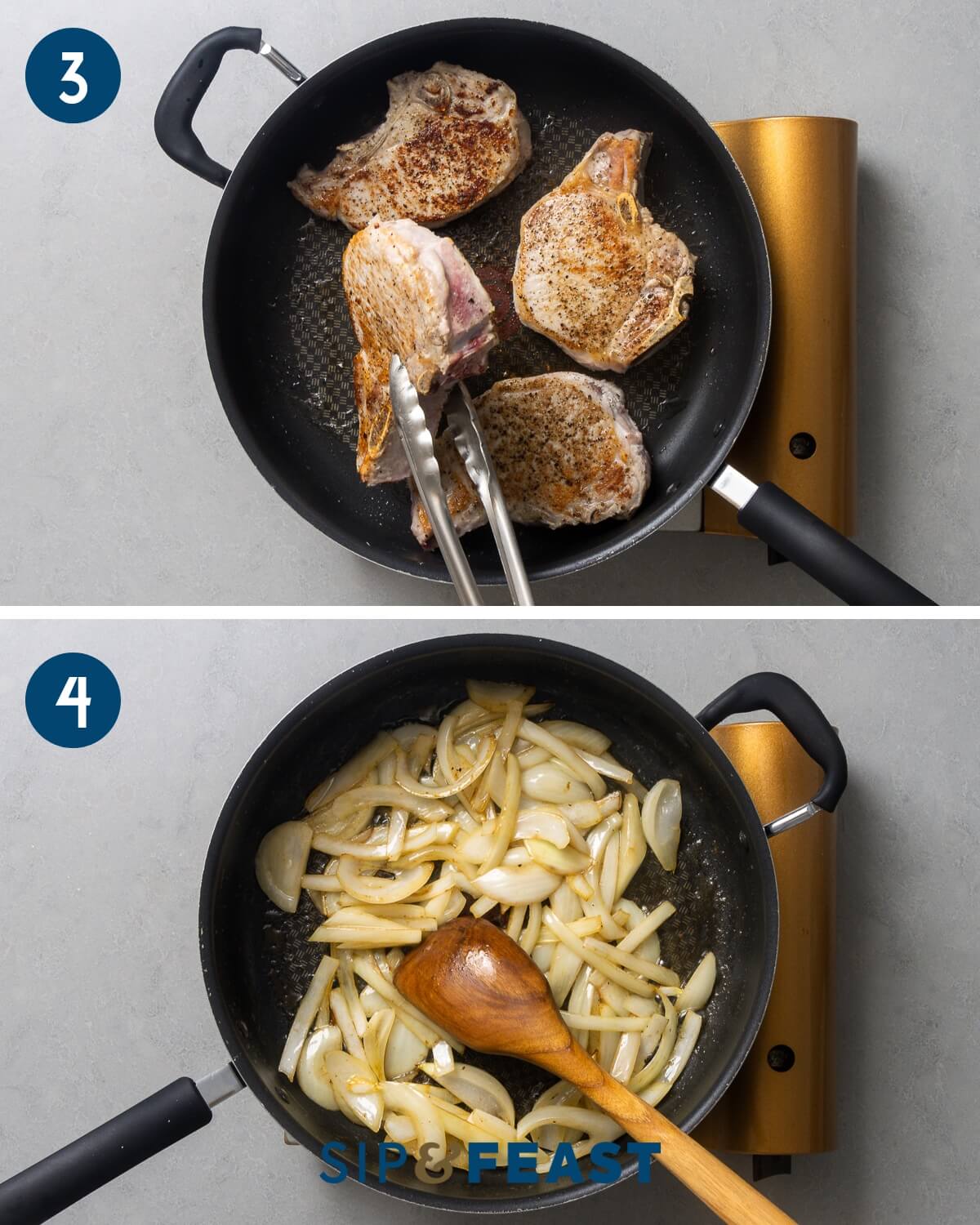 Recipe collage two showing searing of pork chops and sauteing of onions.