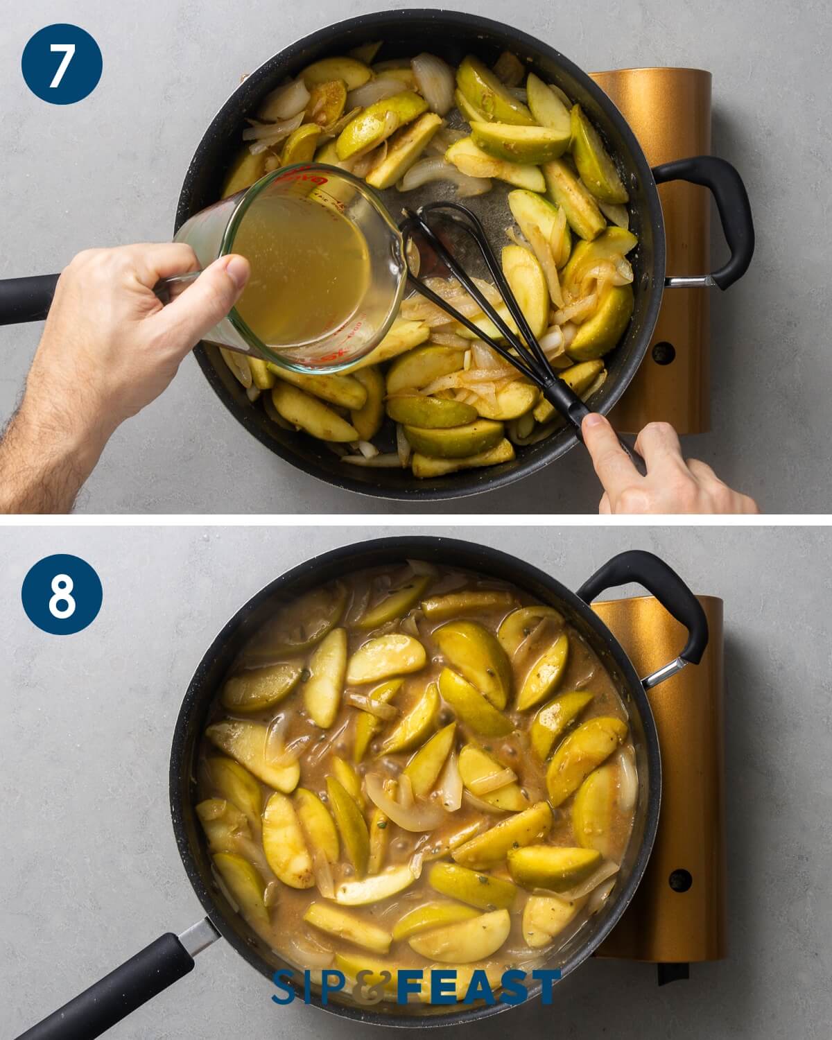 Recipe collage four showing whisking in chicken stock and simmering of gravy.