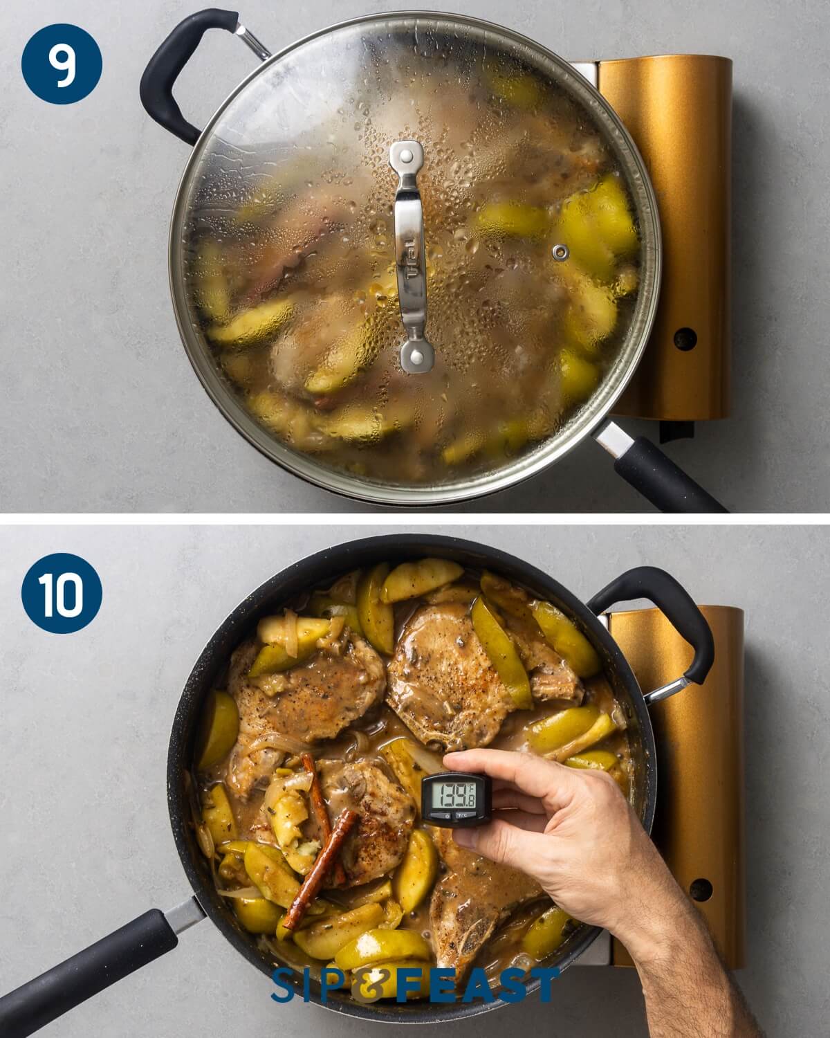 Recipe collage five showing braising of pork chops and checking internal temperature of the meat.