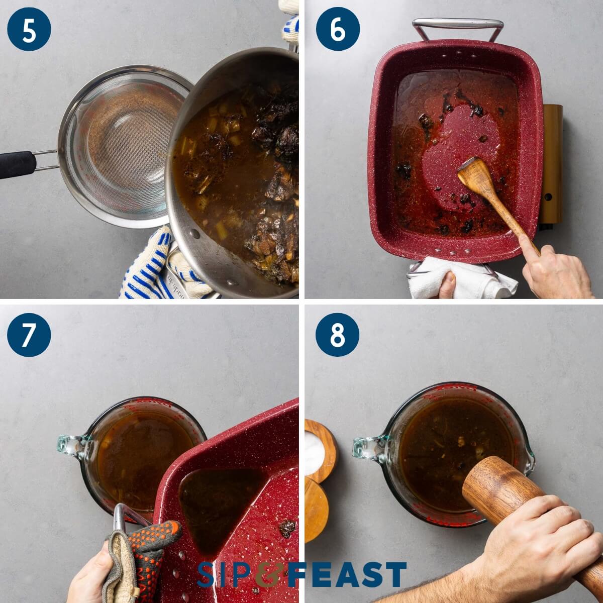 Collage two showing straining of au jus into bowl, deglazing roasting pan, adding deglazed liquid bowl of au jus, and seasoning to taste.