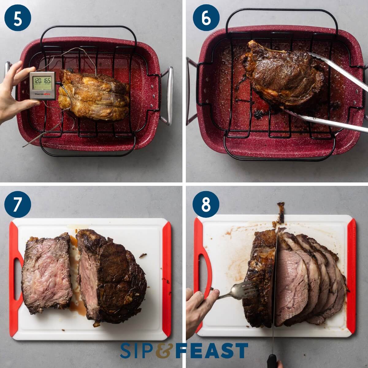 Recipe collage group two showing roasted prime rib at 120f, searing of roast with tongs, removing string, and slicing the roast.