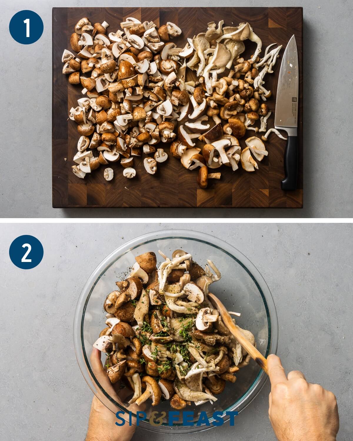 Roasted mushrooms recipe process collage group one showing cut assorted mushrooms and mixing them in a bowl with seasonings.