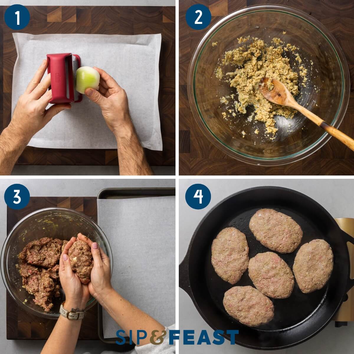 Salisbury steak recipe process collage group number one showing grated onion, making a panade, forming the patties, and searing the patties in a cast iron pan.