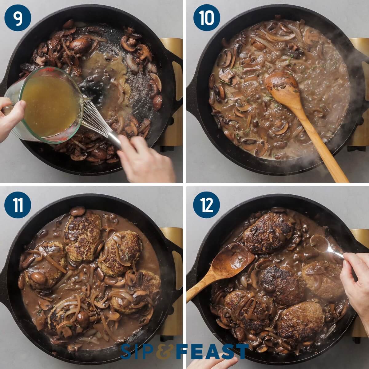 Recipe collage three showing whisking of beef stock into pan, simmering the mushroom gravy, adding the patties into the gravy, and taste testing the sauce.