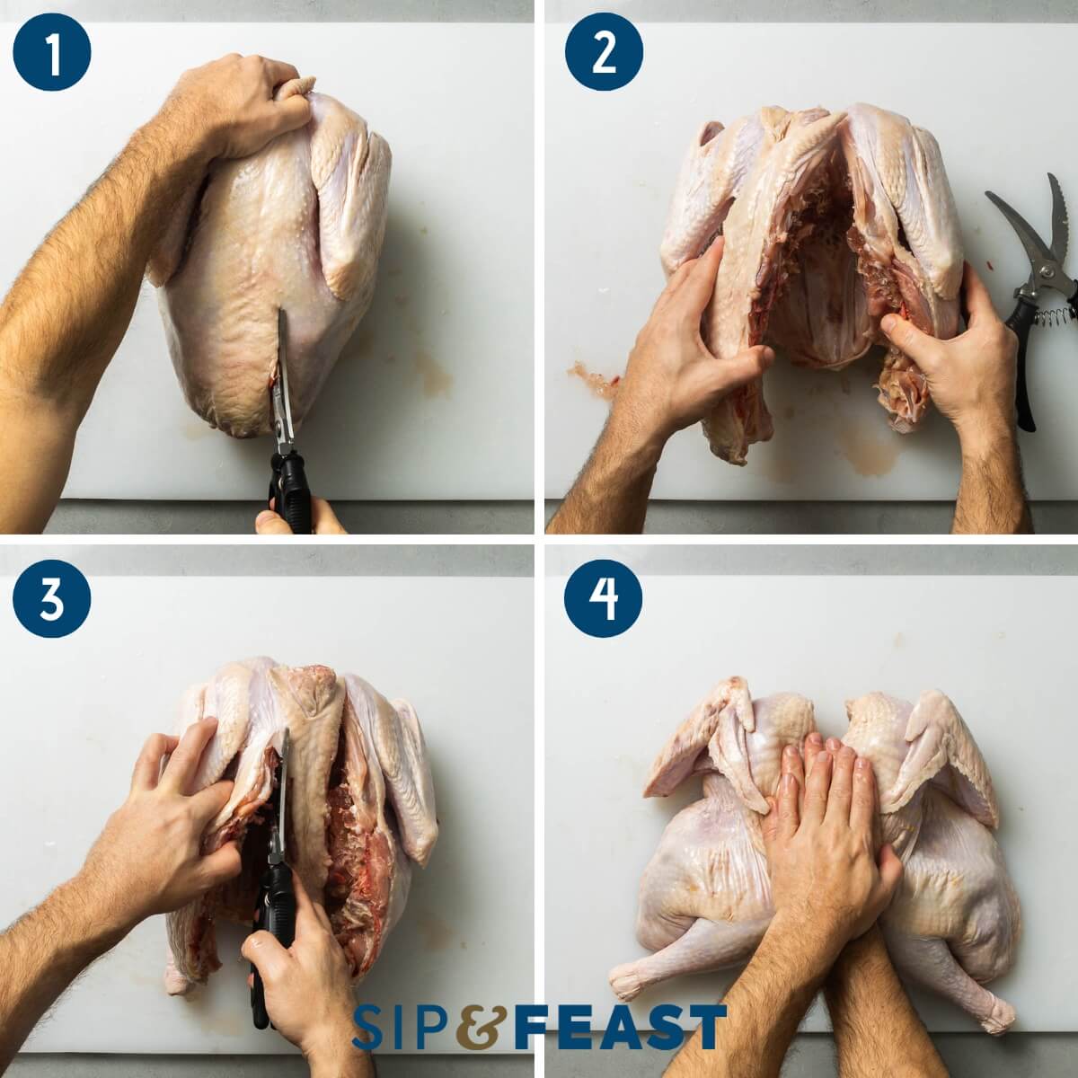 Spatchcock turkey recipe process collage number one showing cutting out backbone of turkey and flattening it on cutting board.