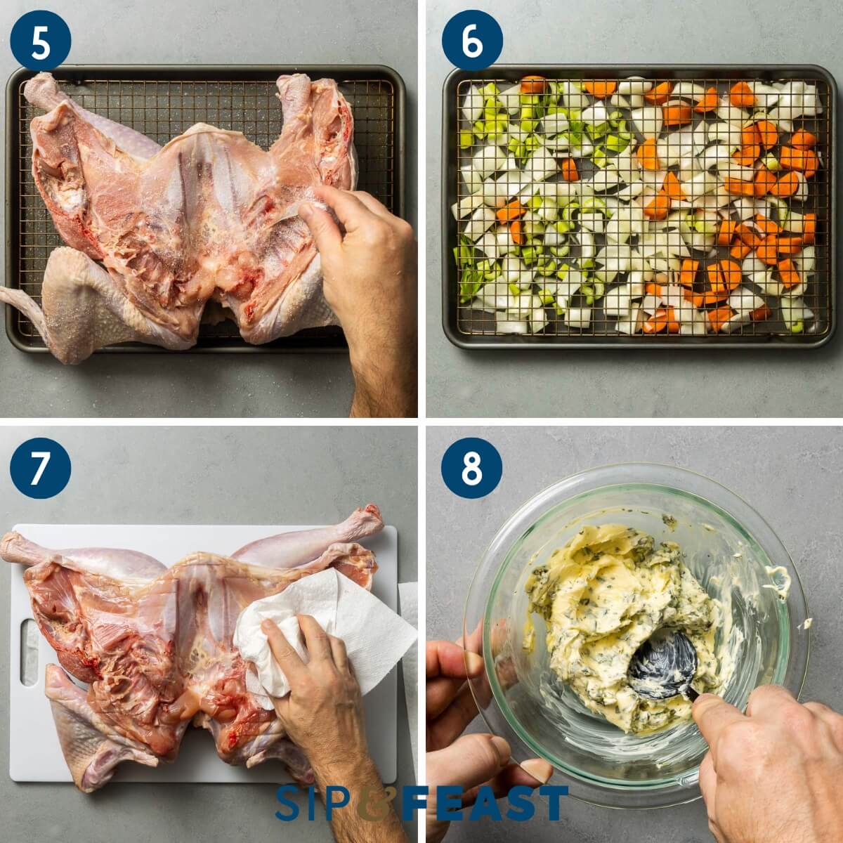 Recipe collage number two showing dry brining the turkey, laying vegetables on baking sheet, patting turkey dry, and mixing herb butter in glass bowl.