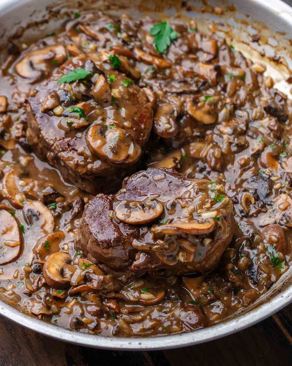 Beef marsala in large pan.