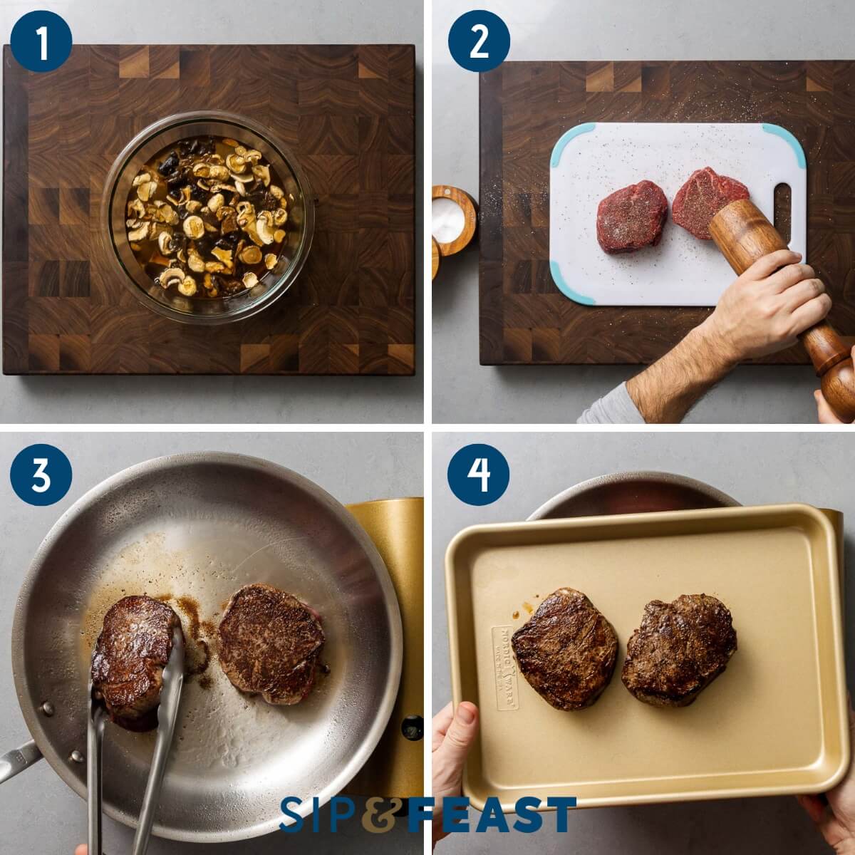 Beef marsala recipe collage number one showing soaking of dried mushooms, seasoning beef, and searing beef in stainless steel pan.