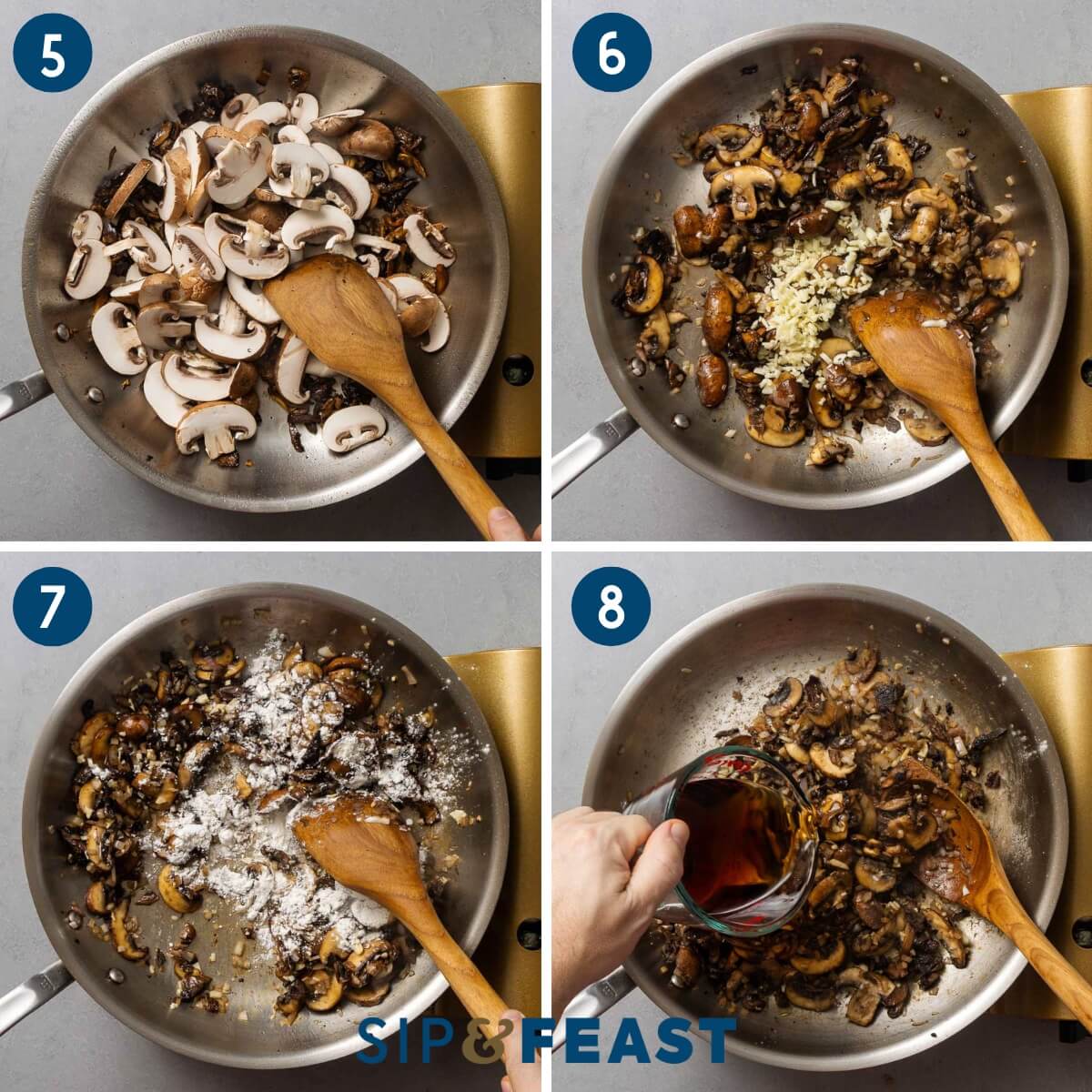 Recipe collage two showing sauteing of mushrooms, adding shallot and garlic, adding flour, and adding marsala wine to pan.